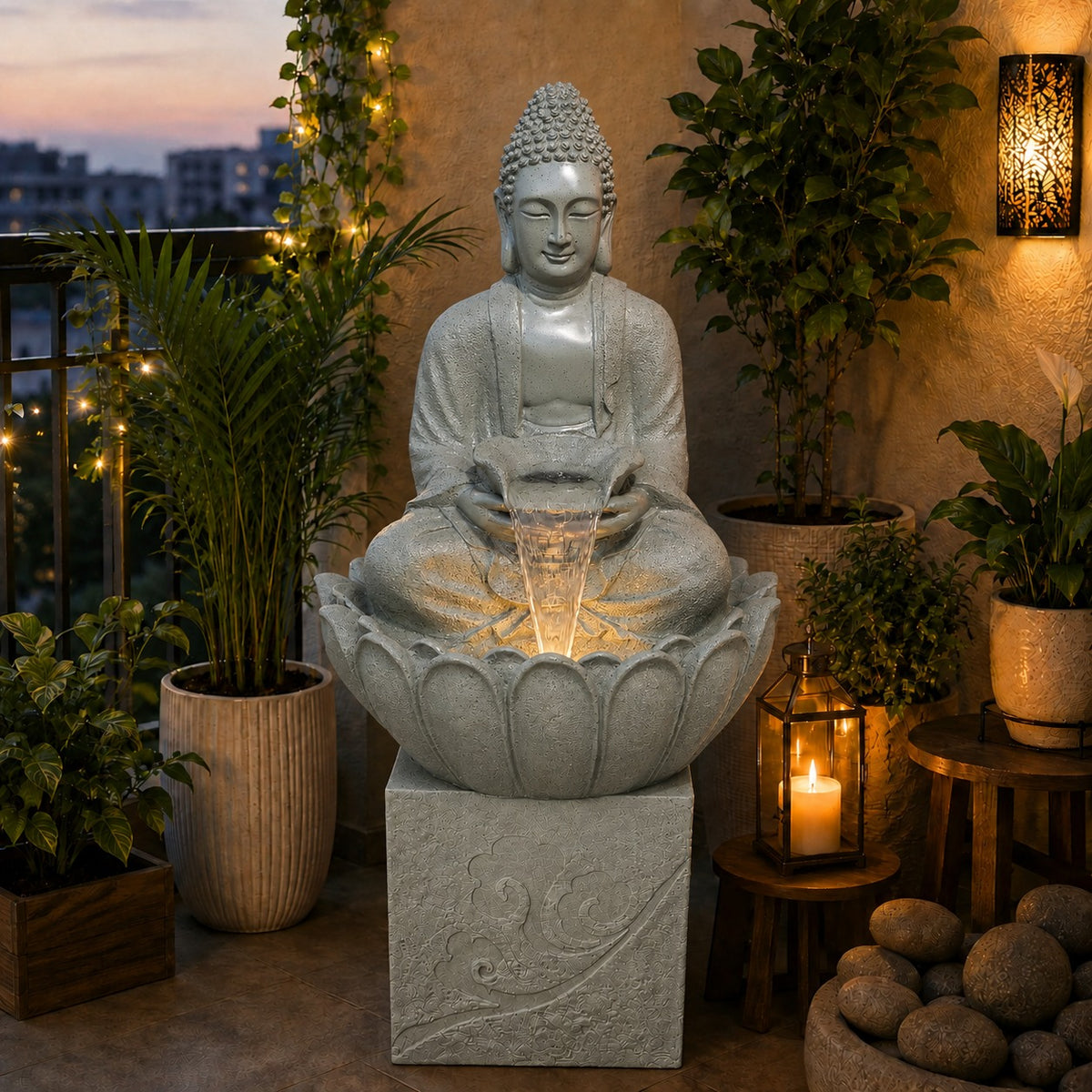 4.5 ft Buddha Lotus Water Fountain with 1.5ft Stand – 4.5ft Floor Standing Fountain for Home, Living Room & Garden