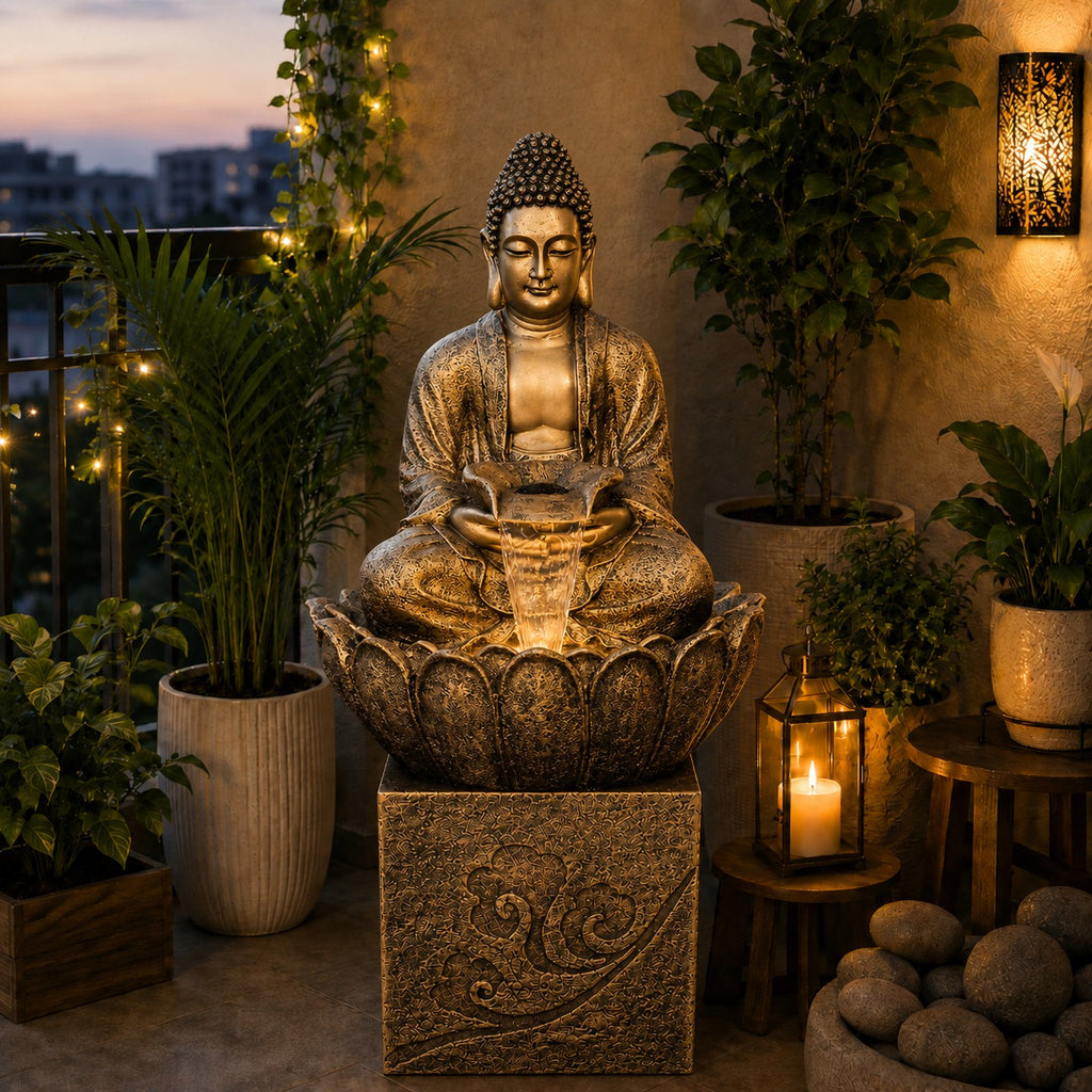 4.5 ft Buddha Lotus Water Fountain with 1.5ft Stand – 4.5ft Floor Standing Fountain for Home, Living Room & Garden