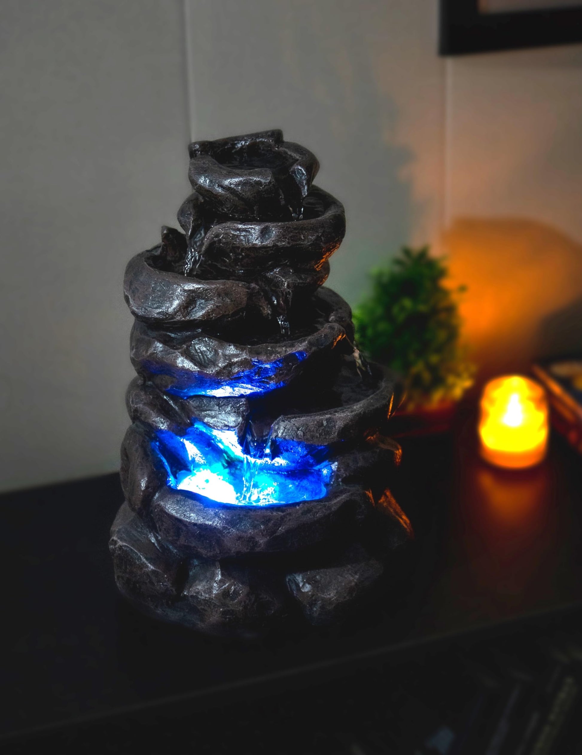 Mini Tiered Stone Look Water Fountain for Home Decoration, Table top Water Fountain with Led Lights