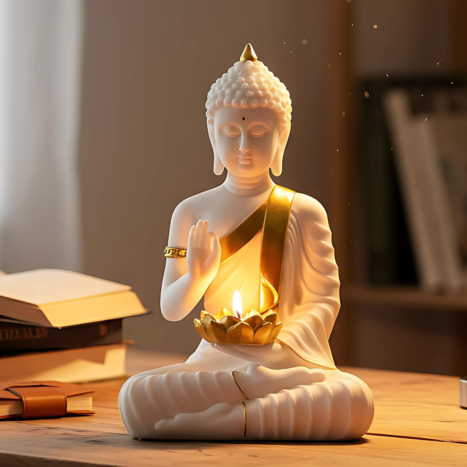 Buddha Statue with a Tea Light in Hand is a Beautiful and Serene Addition to Any Living Room, Bedroom or Office Space | Buddha | Buddha for Home Decor (White)
