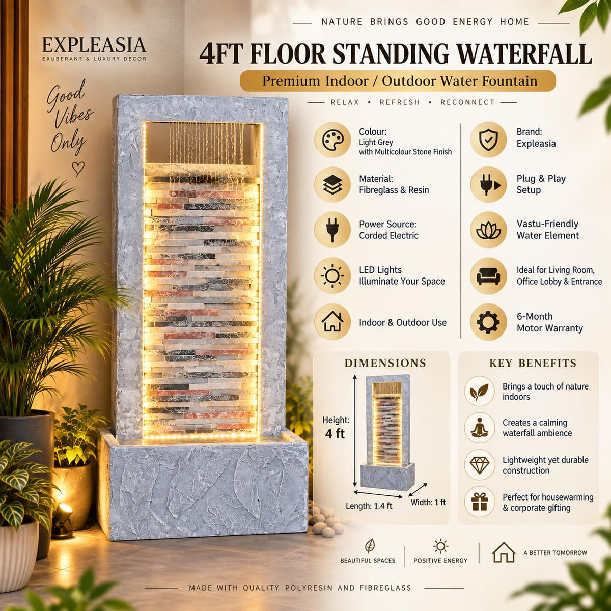 4ft Slate Waterfall Fountain - Large Slate Rippled Water Feature for Home & Vastu Decor