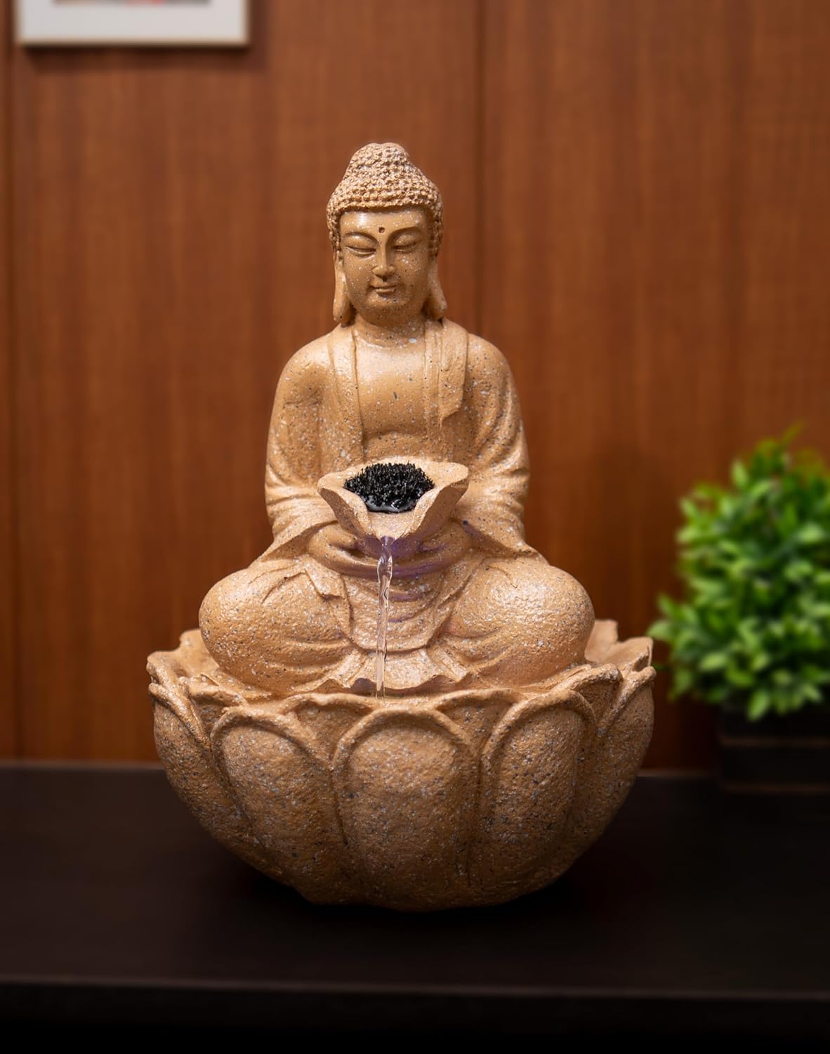 Mini Divine Lotus Buddha Water Fountain for Table Decor | Living Room Decor | Gift Items | Home & Office Decor Item | Buddha Water Fountain | Table top Water Fountain (Beige)