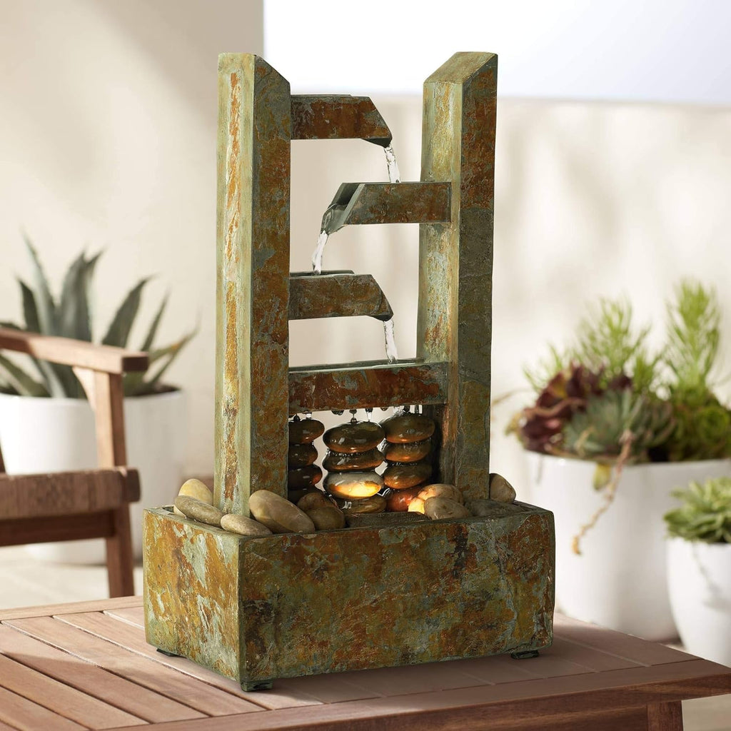 Zigzag Modern Zen Cascading Indoor Tabletop Water Fountain with Light Natural Slate Stone River Rock for Table Desk-Top Home Office Bedroom House Living Room