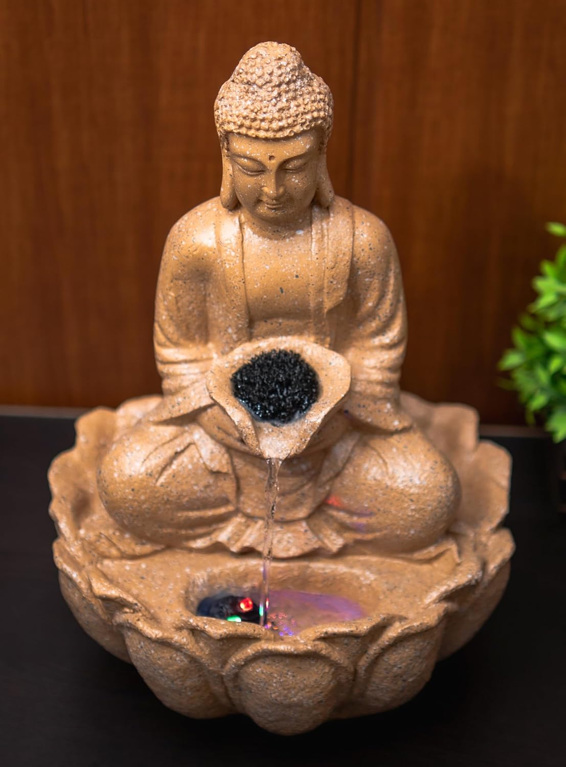 Mini Divine Lotus Buddha Water Fountain for Table Decor | Living Room Decor | Gift Items | Home & Office Decor Item | Buddha Water Fountain | Table top Water Fountain (Beige)