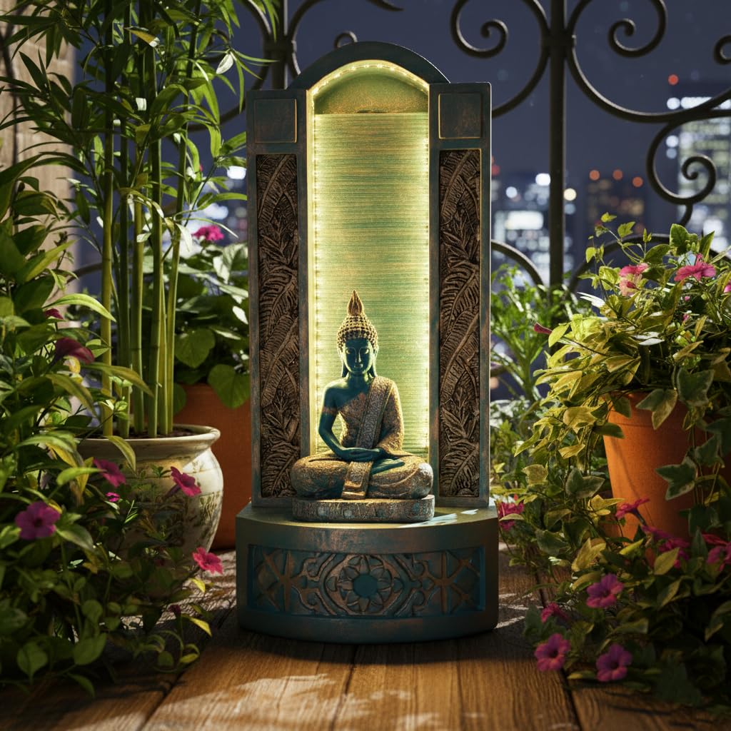 Slate Buddha 4ft Water Fountain for Home, Indoor Big Size Fountain, Garden, vastu ( Aqua Gold)