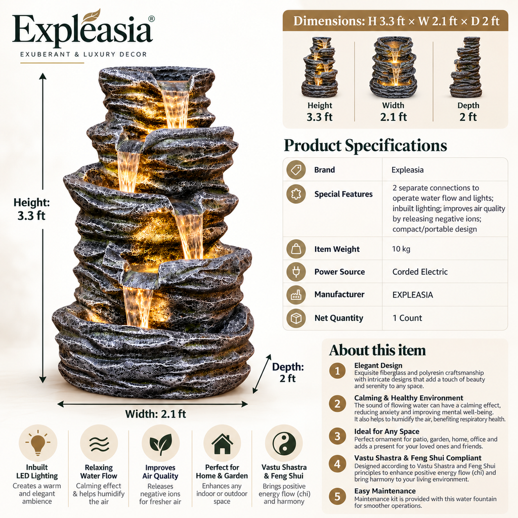 5 Tier Rock Water Fountain for Home & Covered Garden | EXPLEASIA
