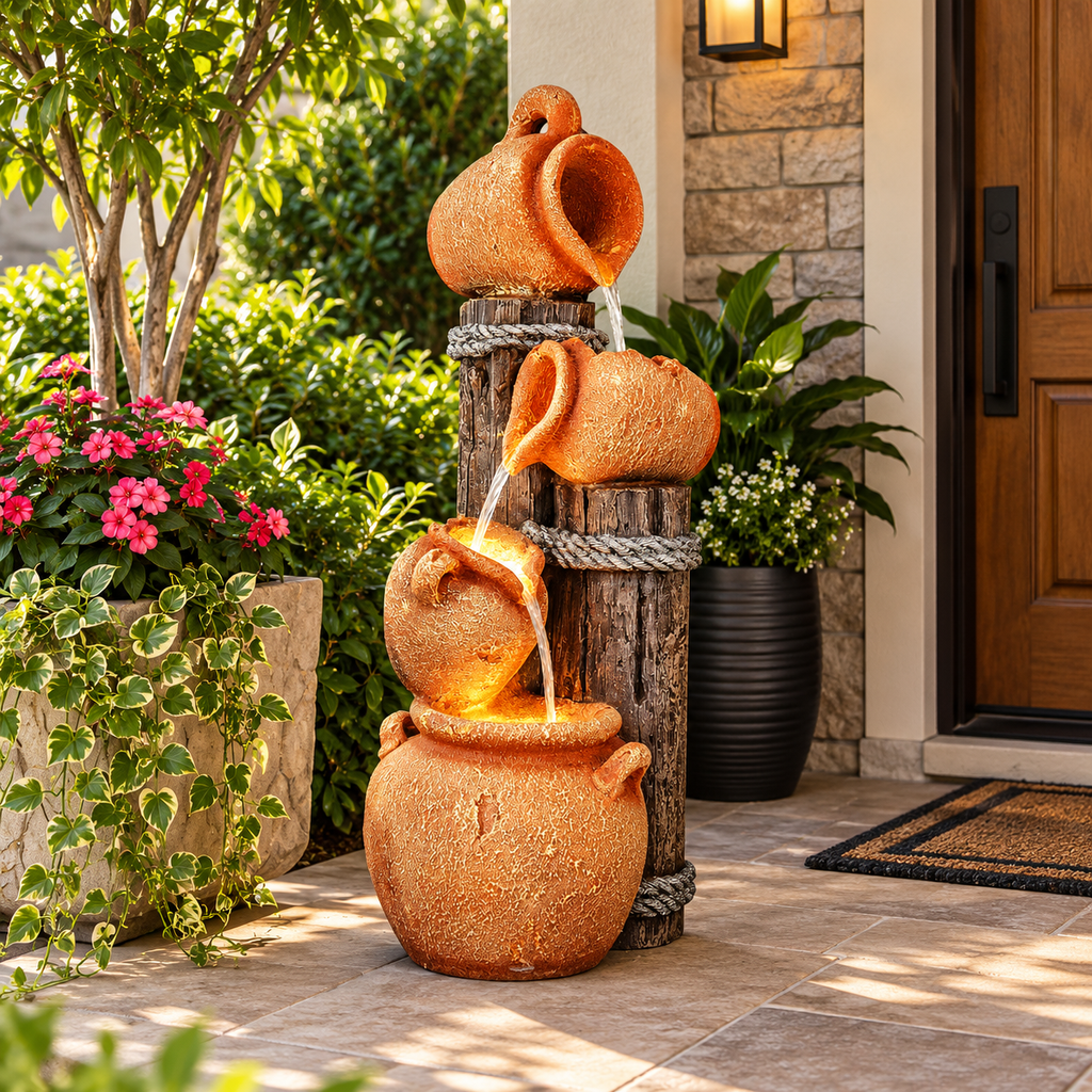 Wood Stacked Earthen Pot Fountain - Elegant Orange & Brown Garden Decor