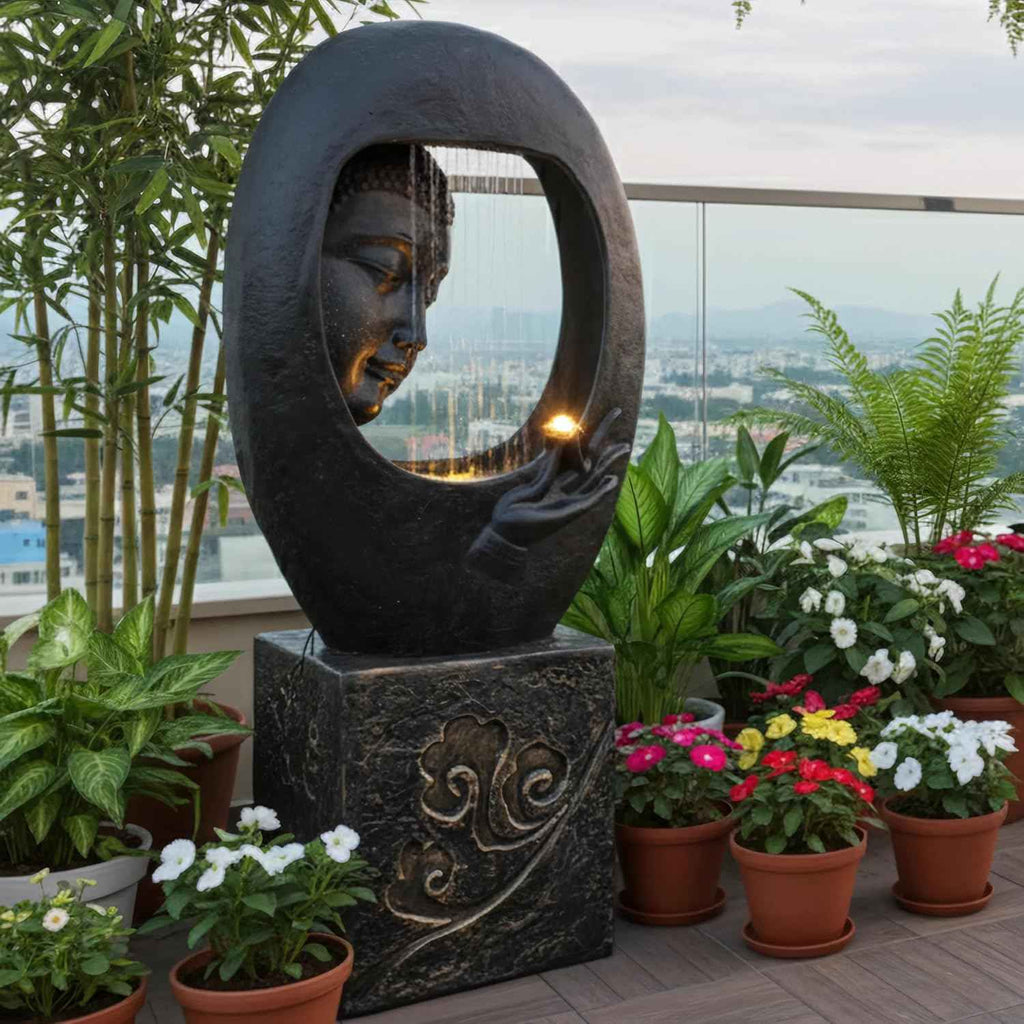 Buddha Face Shower Water Fountain with Stand – Black (4ft)