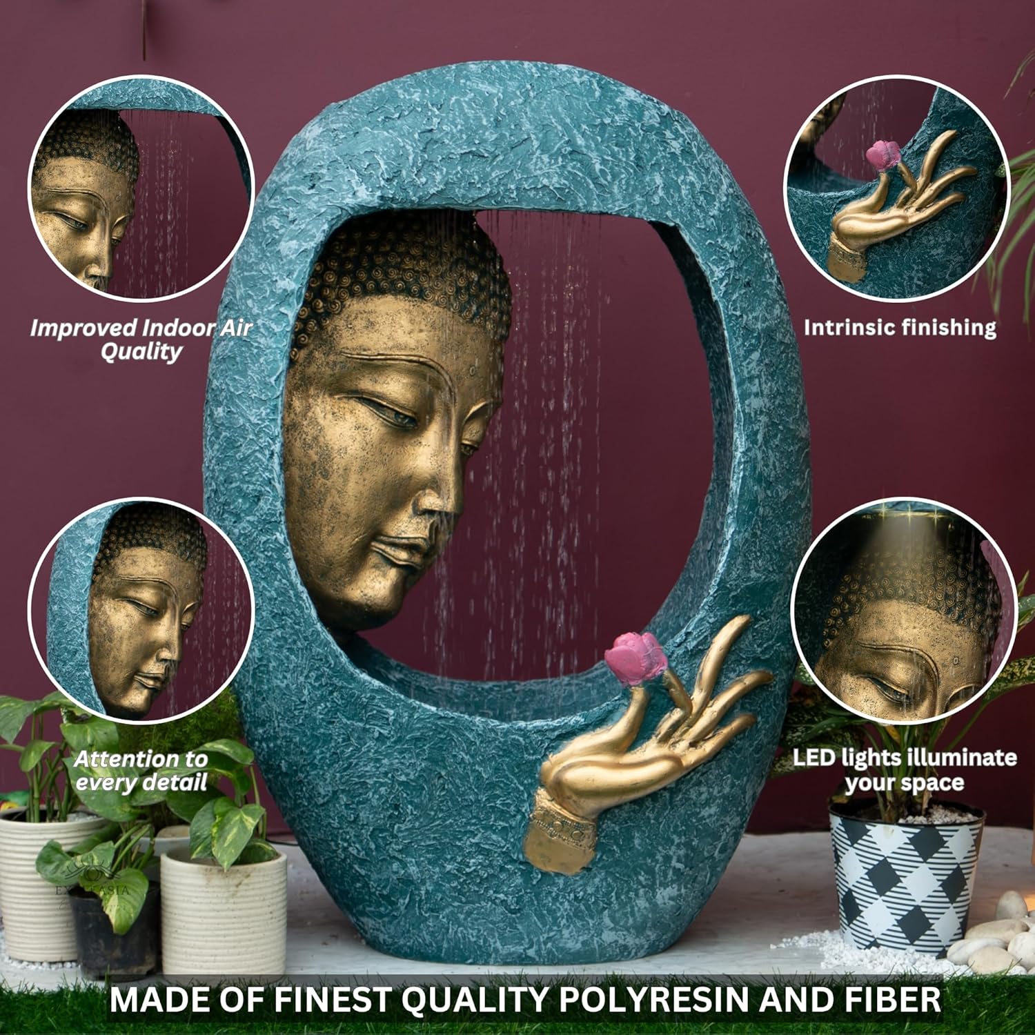 Buddha face Shower Water Fountain for Home, for Garden, Office, Commercial Spaces Indoor Fountain Big Size, Water Fountain for Home vastu, Buddha Fountain 3 feet (BlueGold)
