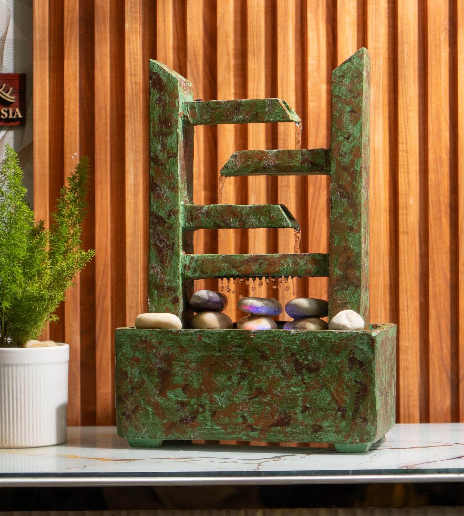 Zigzag Modern Zen Cascading Indoor Tabletop Water Fountain with Light Natural Slate Stone River Rock for Table Desk-Top Home Office Bedroom House Living Room