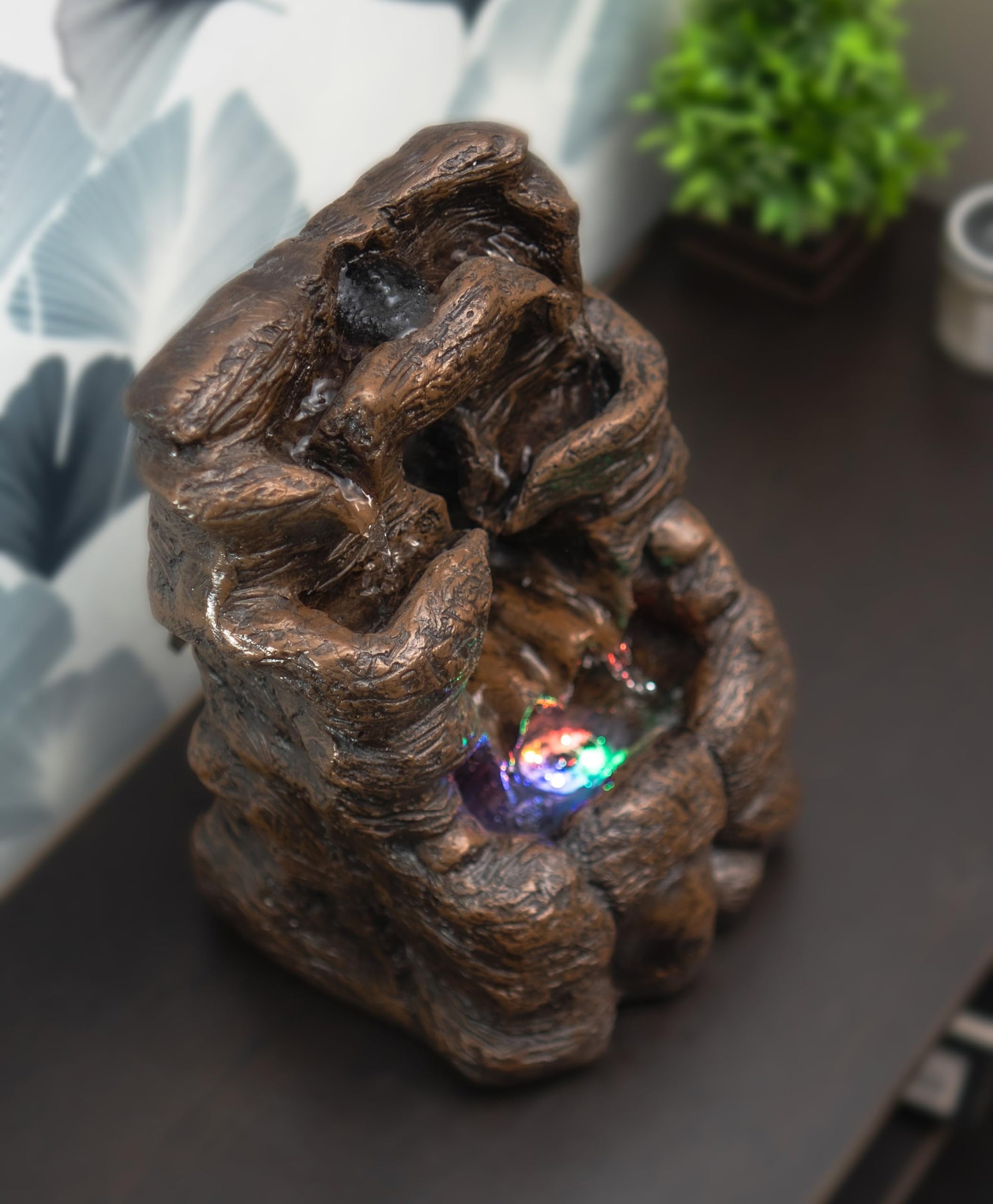Tree Log Raindrop Water Fountain for meditaion and Home Decoration with Led Lights, Wooden Finish Tabletop Water Fountain