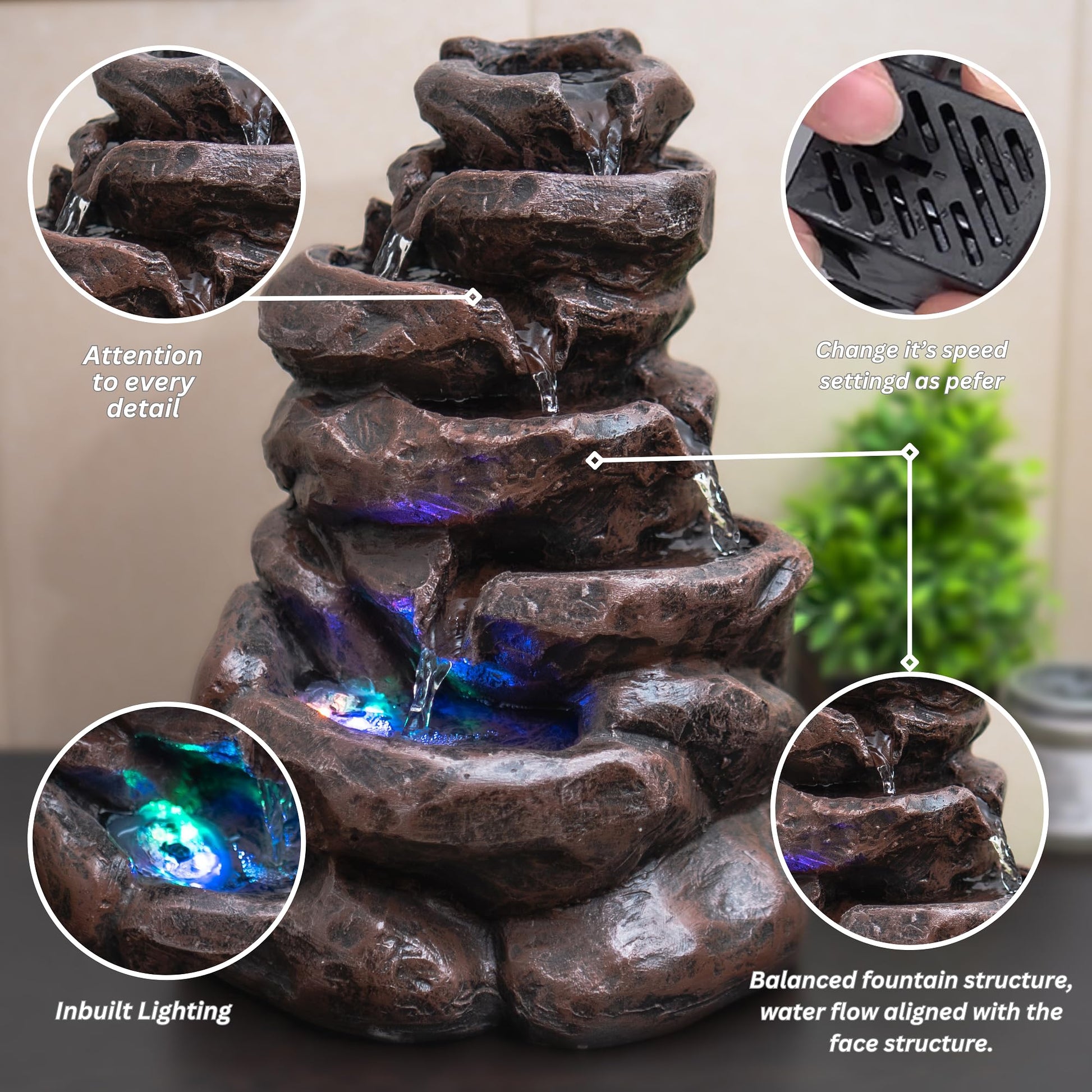 Mini Tiered Stone Look Water Fountain for Home Decoration, Table top Water Fountain with Led Lights
