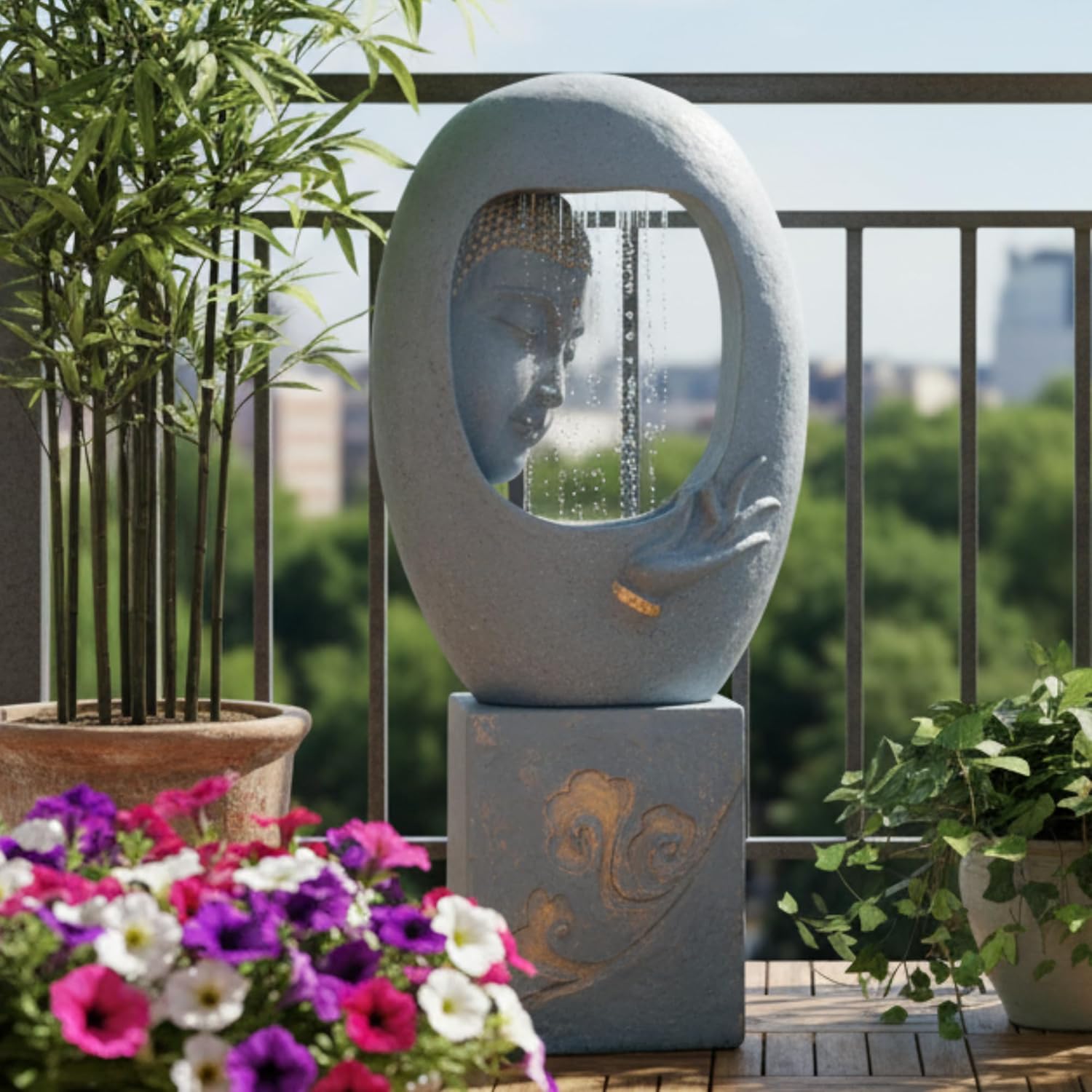 Buddha Face Shower with Stand Water Fountain for Home, Indoor Water Fountain Big Size, Water Fountain, Water Fountain for Garden, Water Fountain for Home vastu (Light Grey)