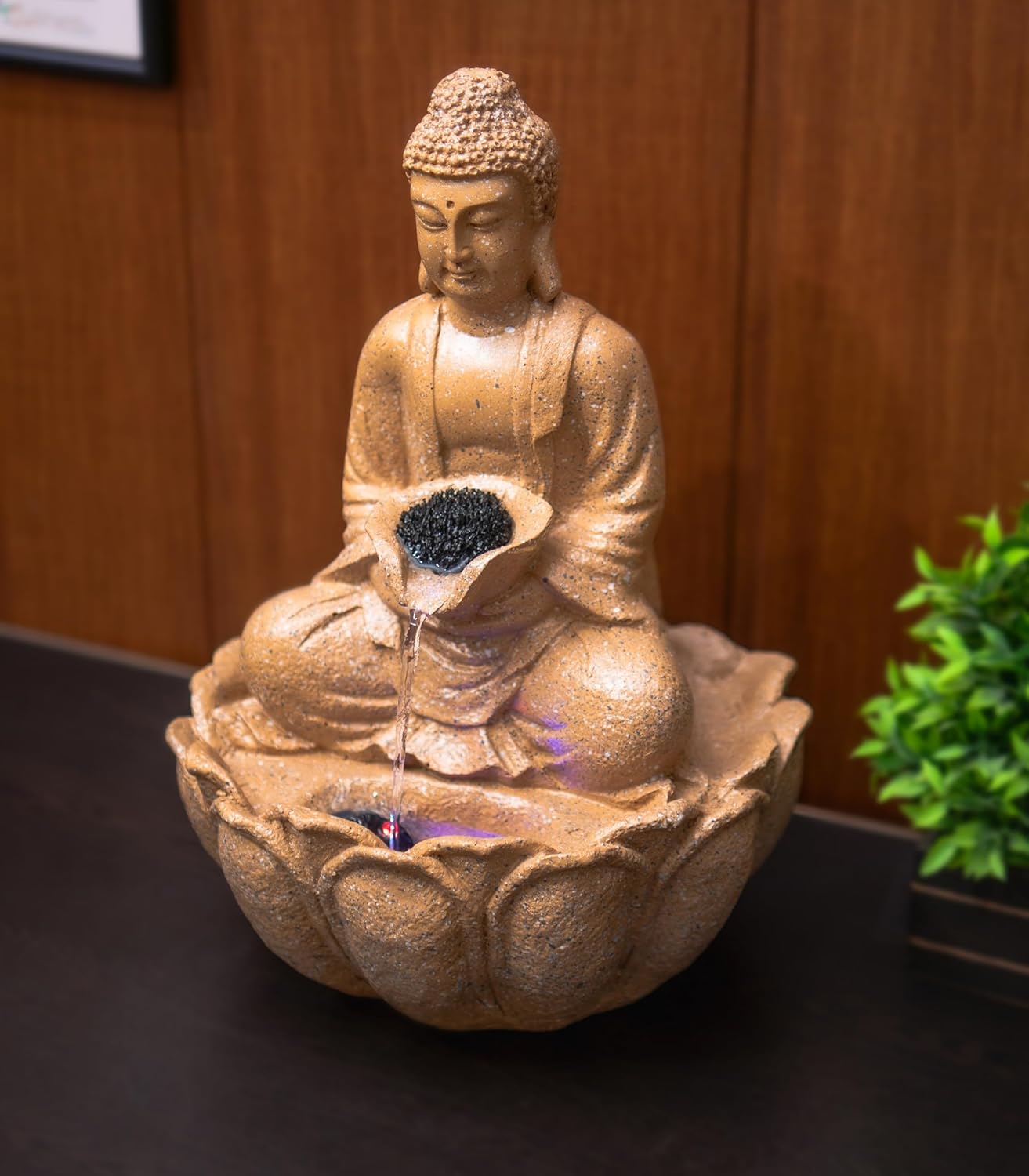 Mini Divine Lotus Buddha Water Fountain for Table Decor | Living Room Decor | Gift Items | Home & Office Decor Item | Buddha Water Fountain | Table top Water Fountain (Beige)
