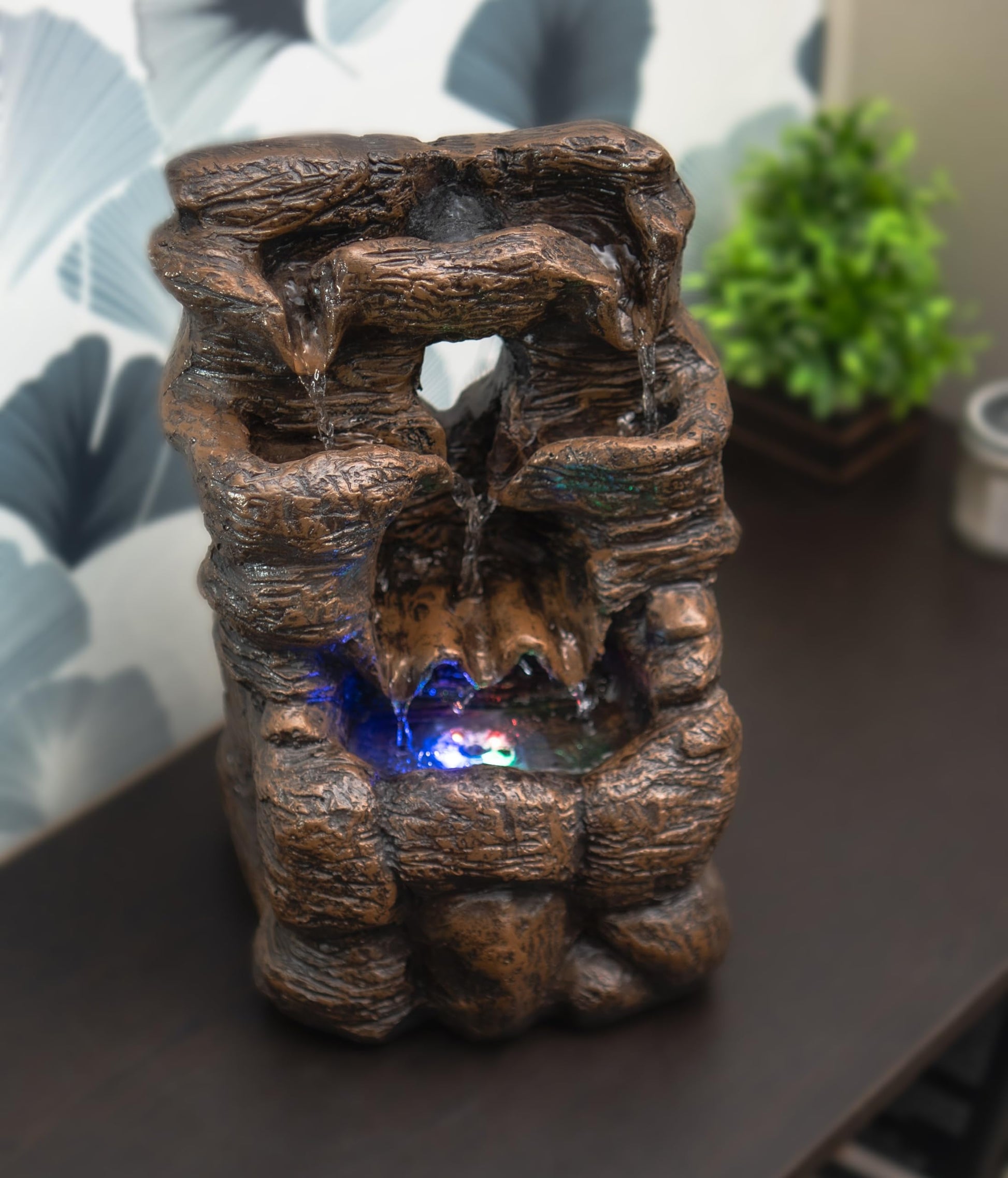 Tree Log Raindrop Water Fountain for meditaion and Home Decoration with Led Lights, Wooden Finish Tabletop Water Fountain