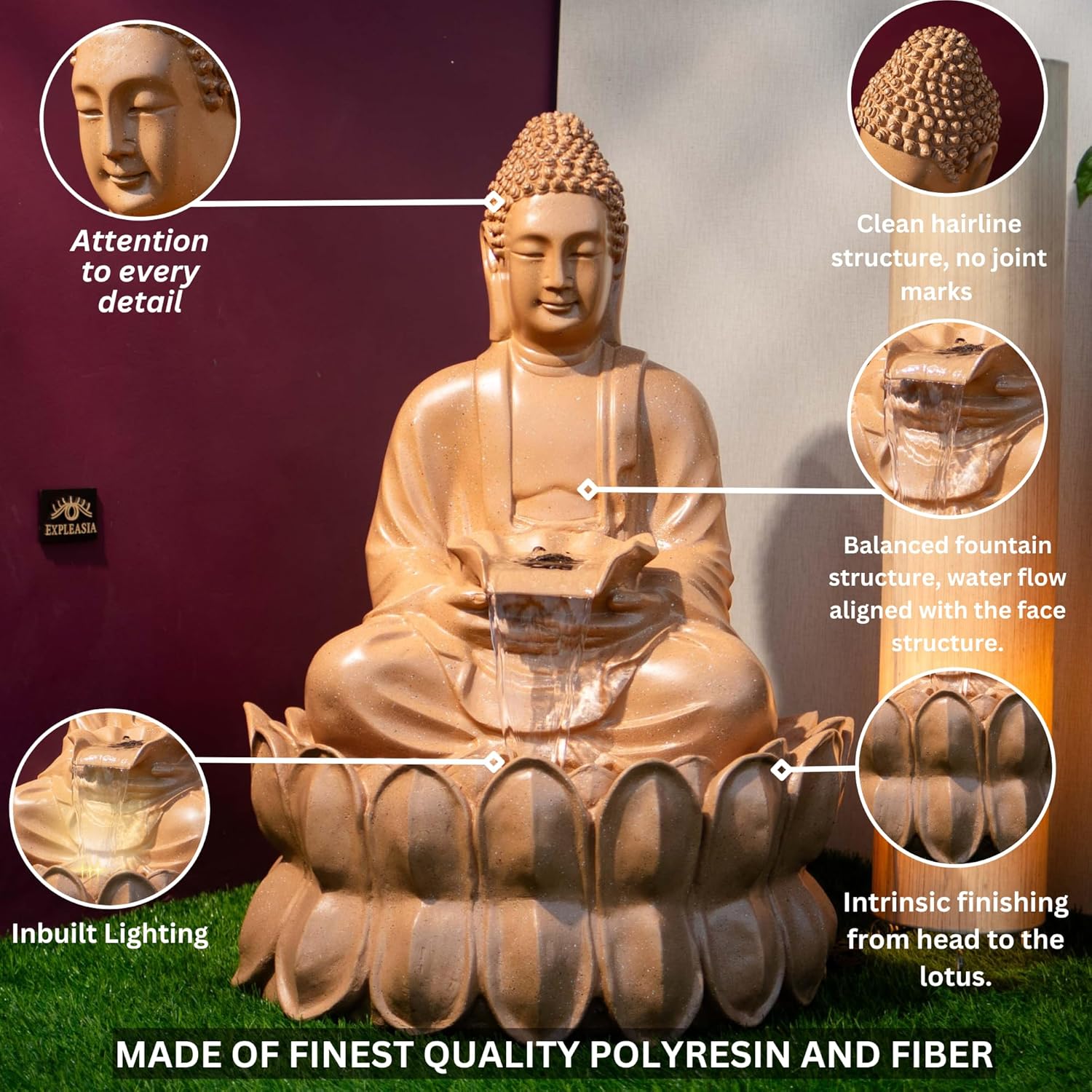 Double Lotus Buddha Water Fountain for Home, Office, Garden water fountain for home decor with warranty on electrical parts, Clear hariline, intricate finishing