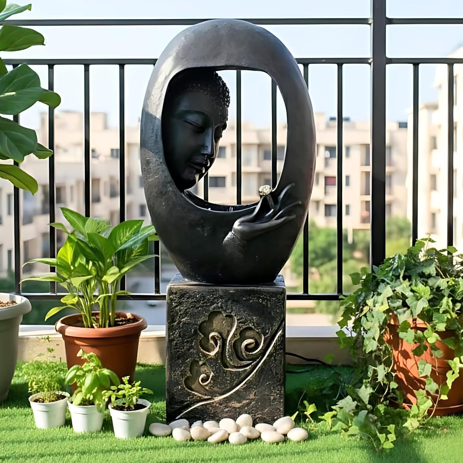 Buddha Face Shower with Stand Water Fountain for Home, Indoor Water Fountain Big Size, Water Fountain, Water Fountain for Garden, Water Fountain for Home vastu ( Black)