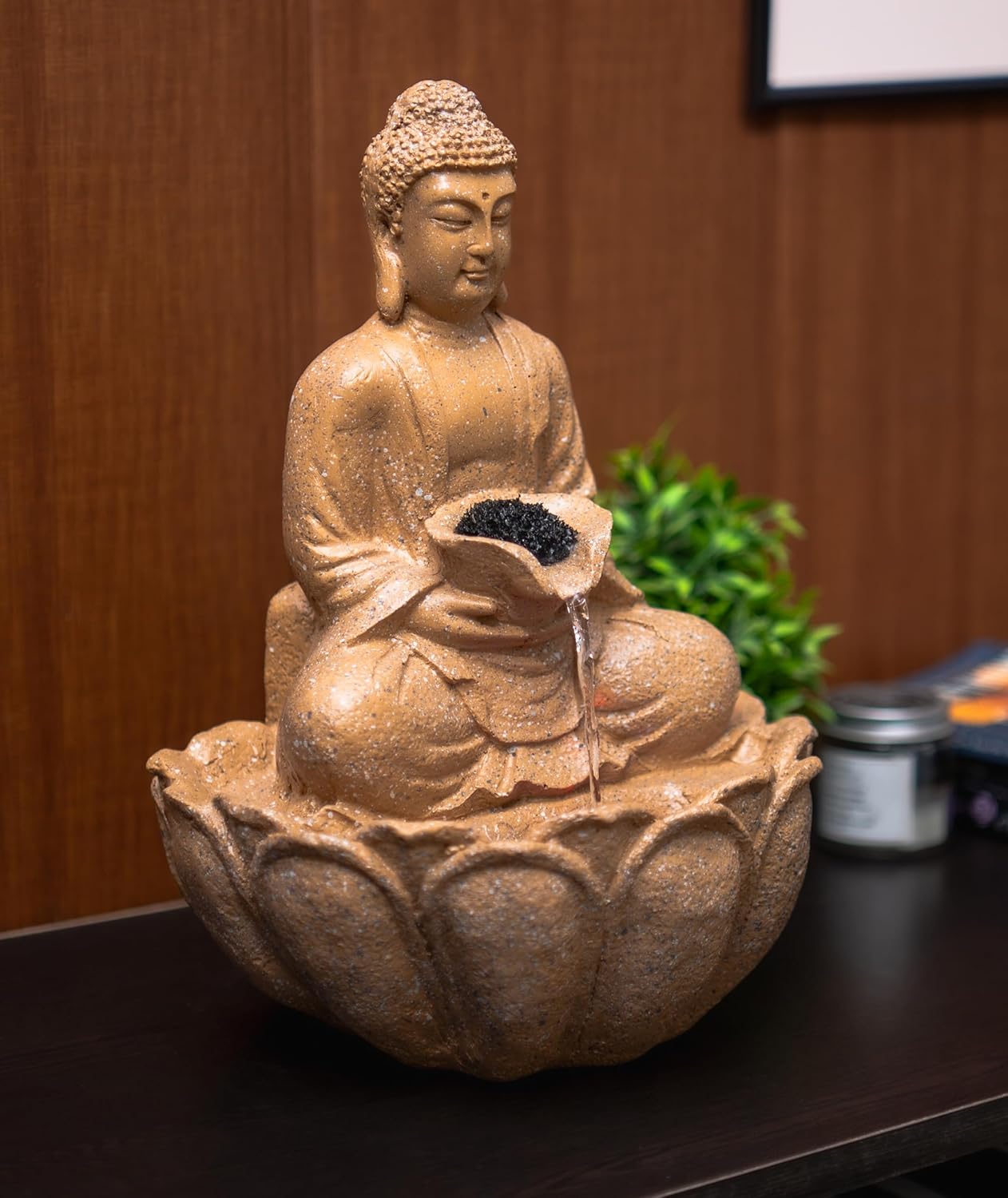 Mini Divine Lotus Buddha Water Fountain for Table Decor | Living Room Decor | Gift Items | Home & Office Decor Item | Buddha Water Fountain | Table top Water Fountain (Beige)