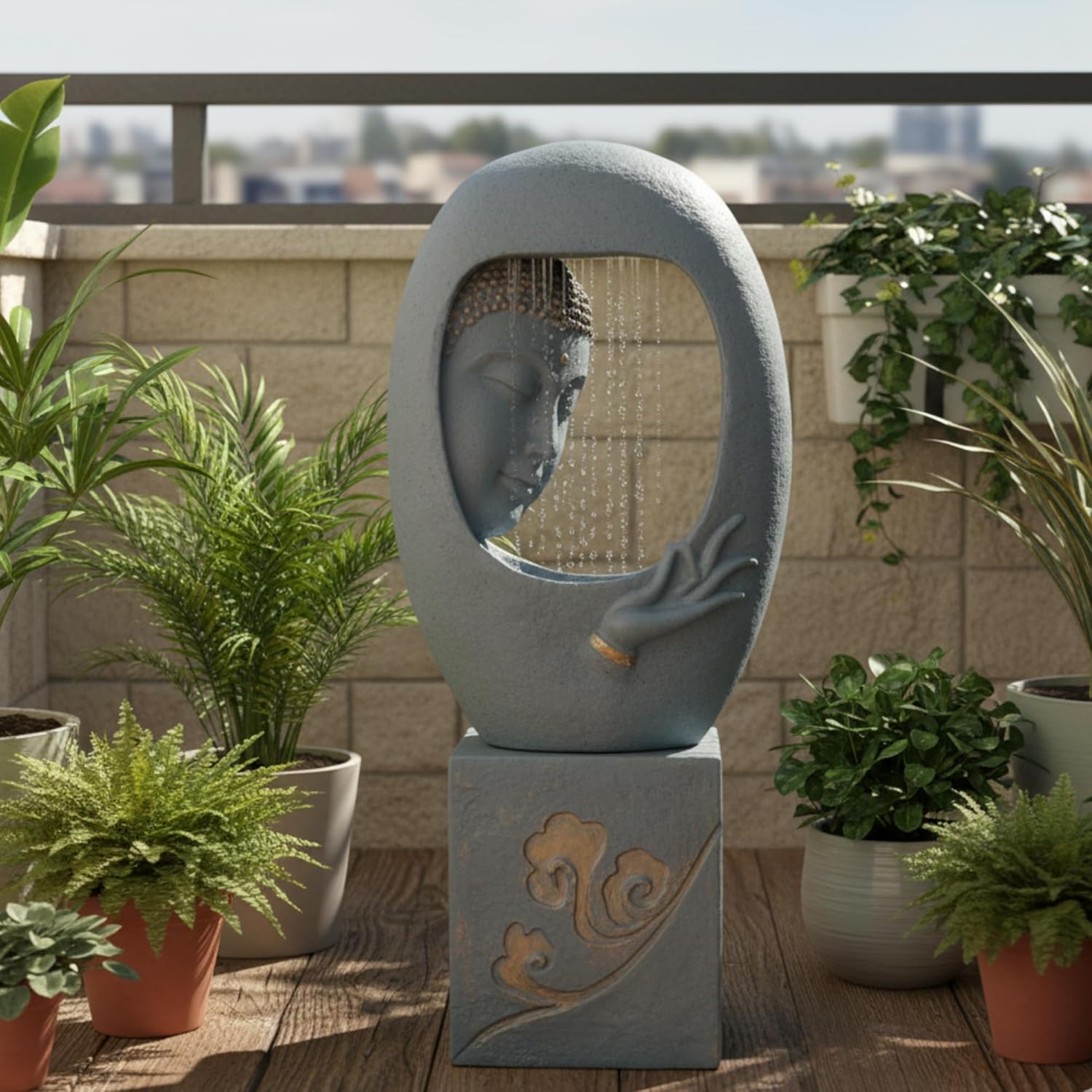 Buddha Face Shower with Stand Water Fountain for Home, Indoor Water Fountain Big Size, Water Fountain, Water Fountain for Garden, Water Fountain for Home vastu (Light Grey)