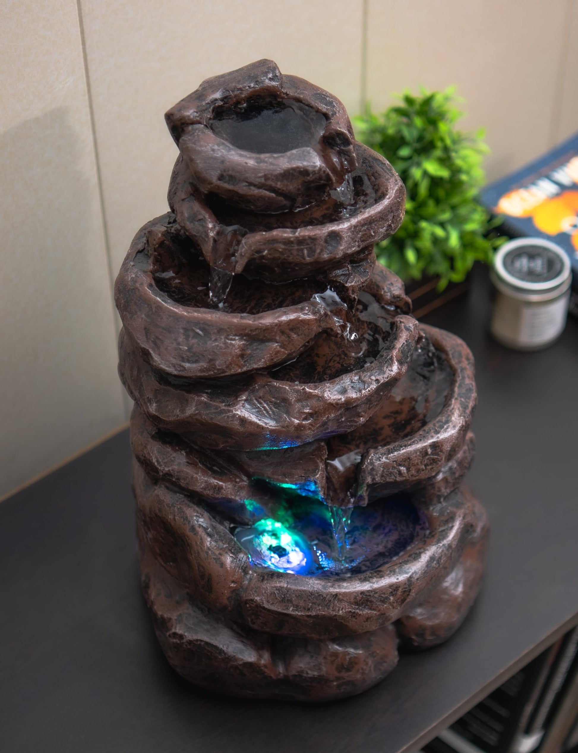Mini Tiered Stone Look Water Fountain for Home Decoration, Table top Water Fountain with Led Lights