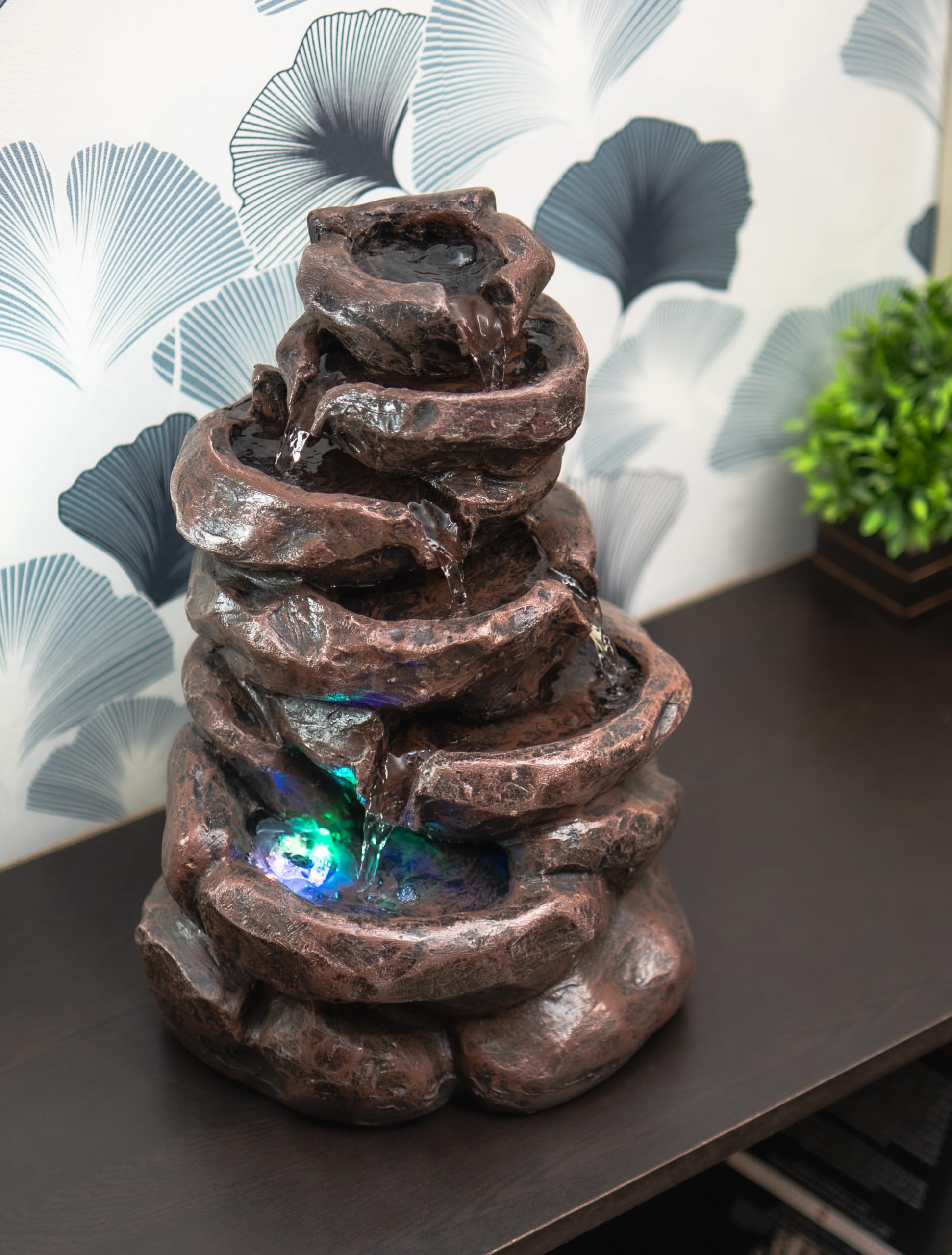 Mini Tiered Stone Look Water Fountain for Home Decoration, Table top Water Fountain with Led Lights