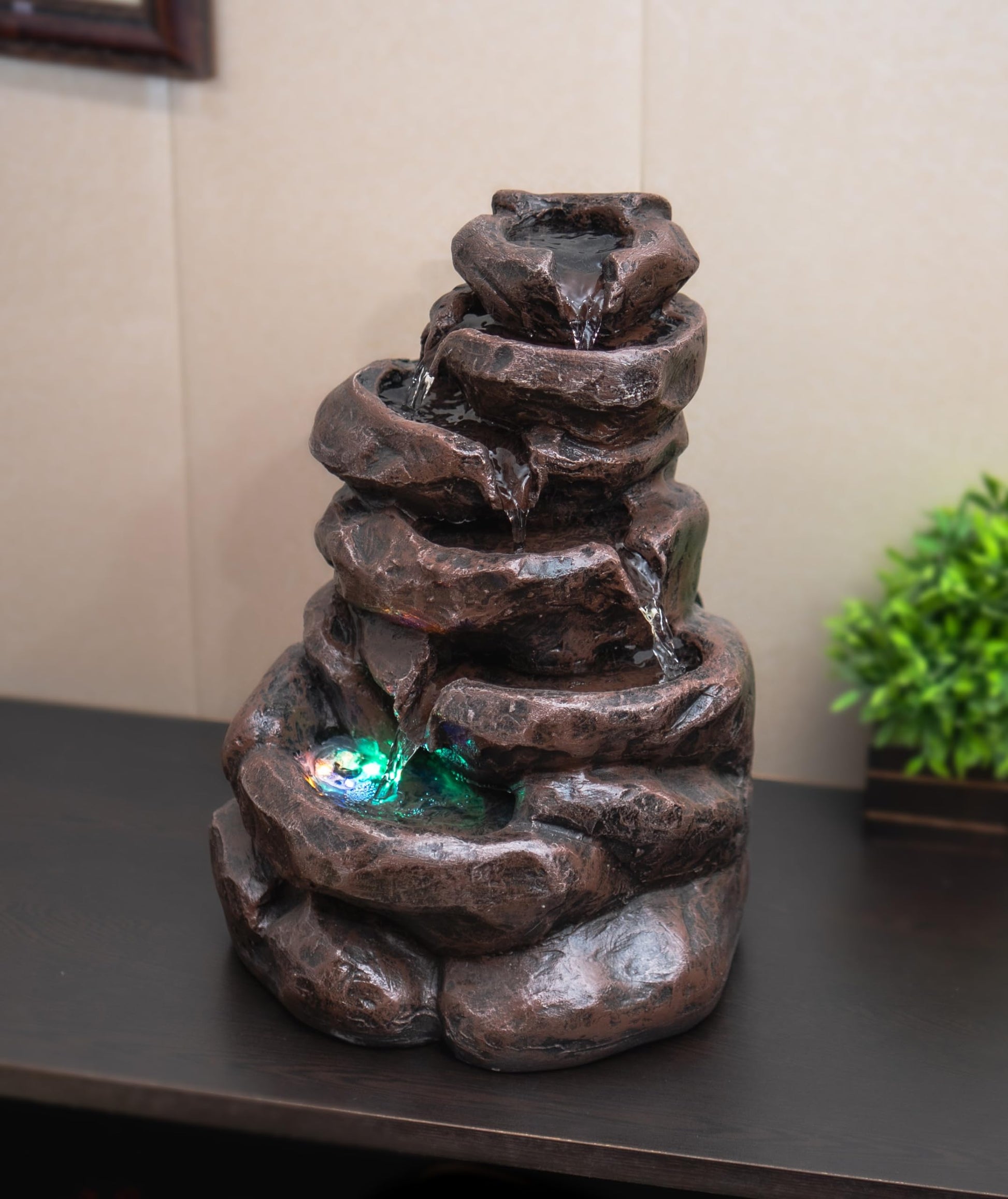 Mini Tiered Stone Look Water Fountain for Home Decoration, Table top Water Fountain with Led Lights