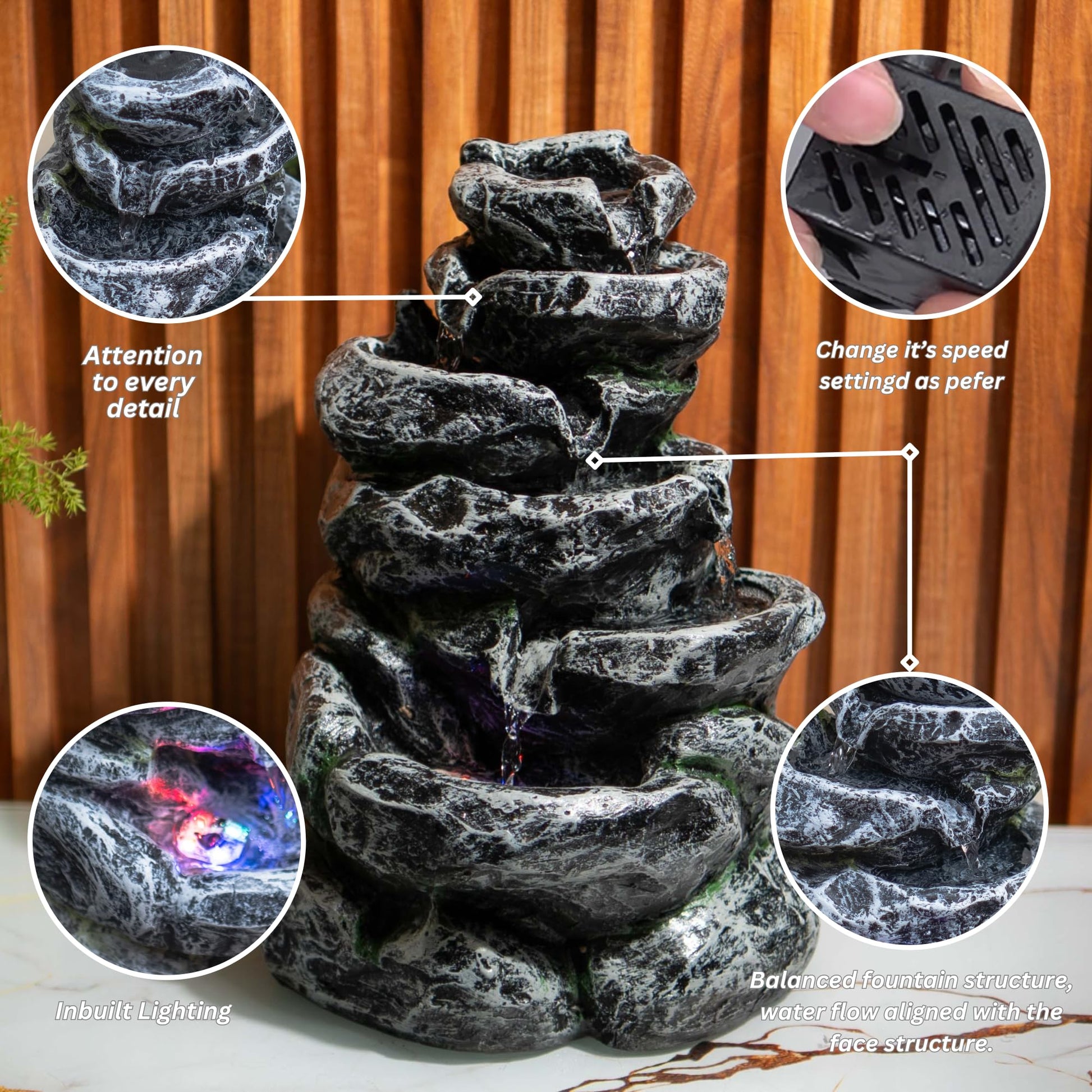 Mini Tiered Stone Look Water Fountain for Home Decoration, Table top Water Fountain with Led Lights