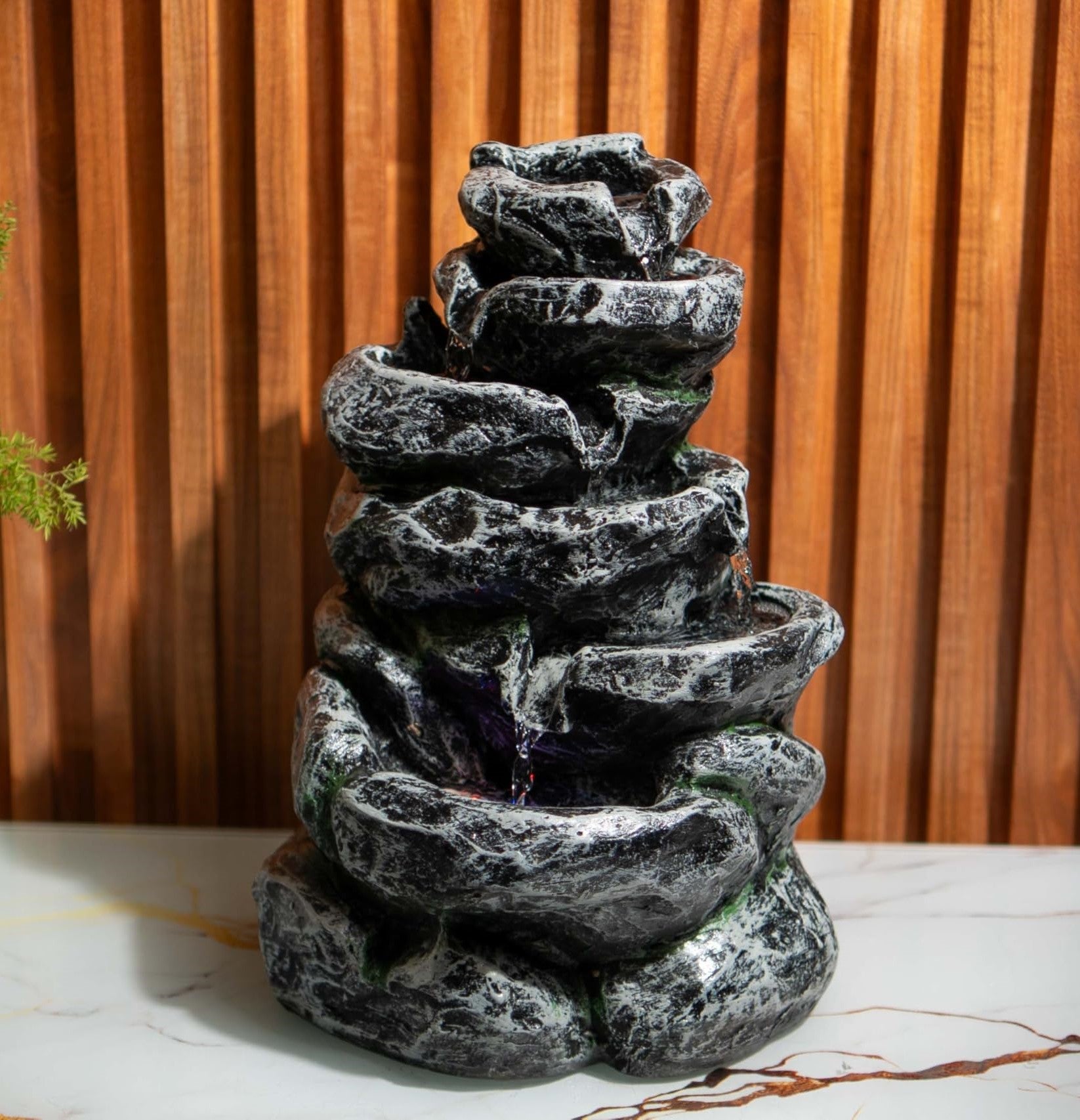Mini Tiered Stone Look Water Fountain for Home Decoration, Table top Water Fountain with Led Lights