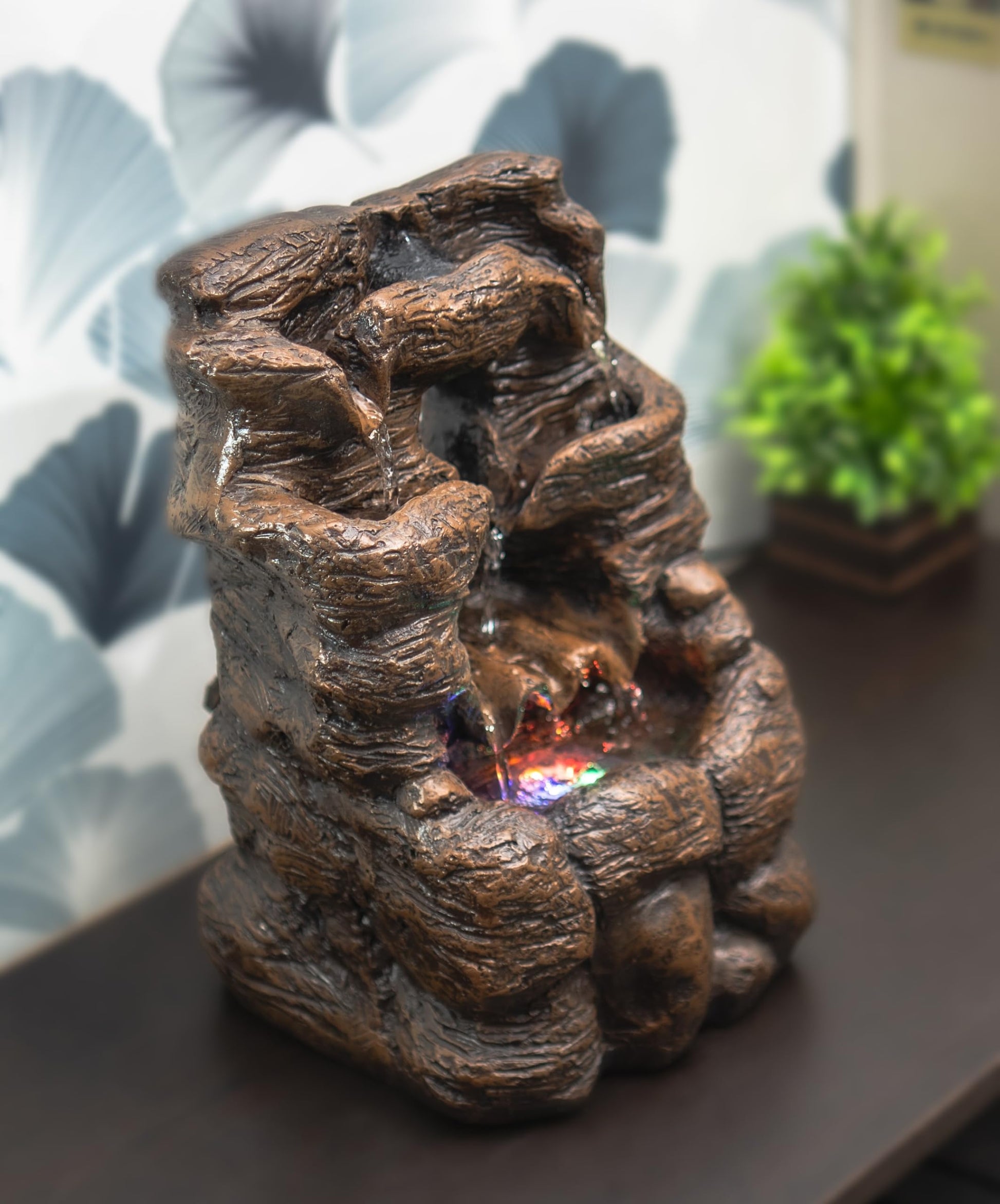 Tree Log Raindrop Water Fountain for meditaion and Home Decoration with Led Lights, Wooden Finish Tabletop Water Fountain