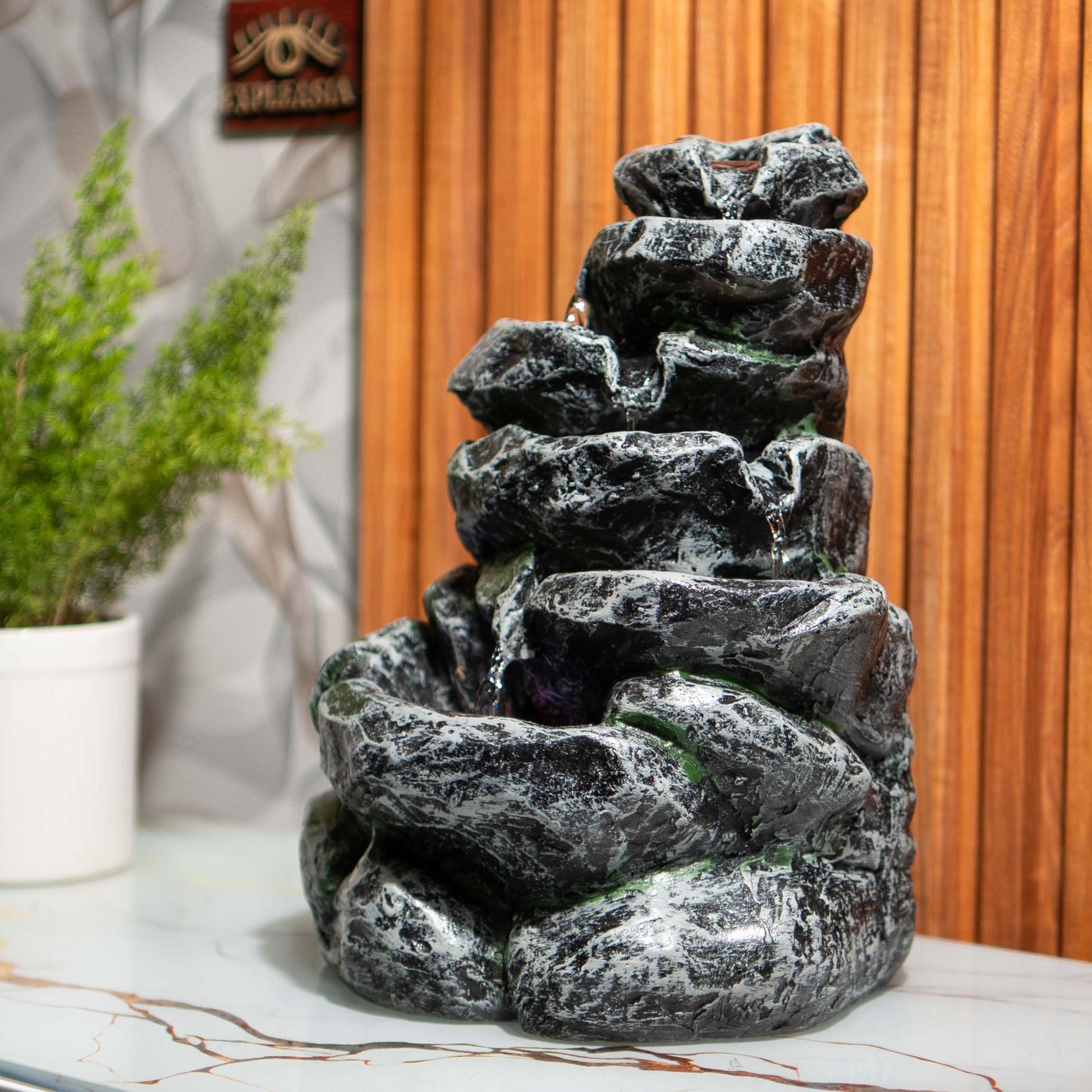 Mini Tiered Stone Look Water Fountain for Home Decoration, Table top Water Fountain with Led Lights