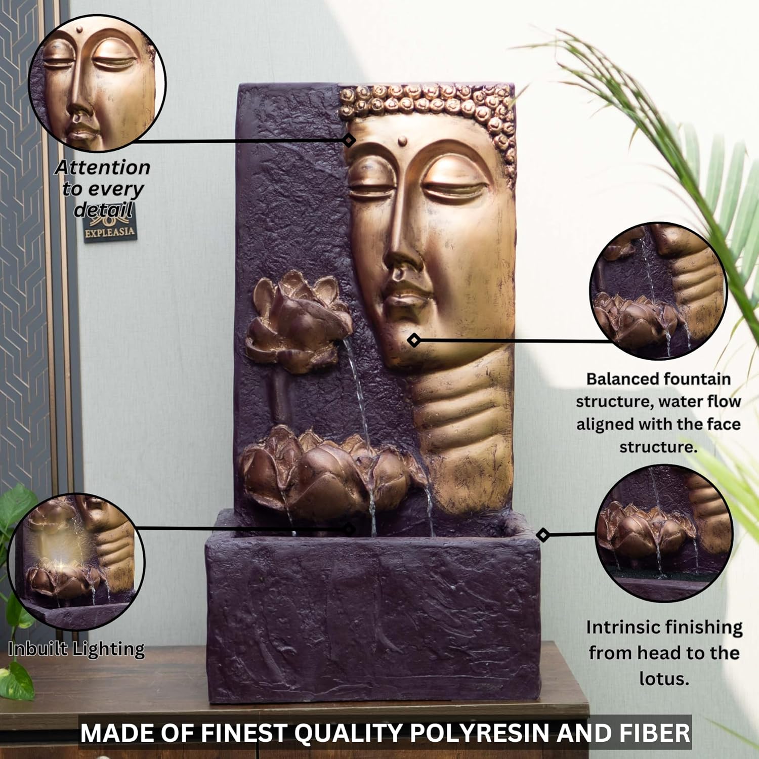 Buddha Face Wall Water Fountain, Buddha Fountain 3 feet, Indoor Water Fountain Big Size, Water Fountain for Garden, Water Fountain for Home vastu, Waterfall Fountain