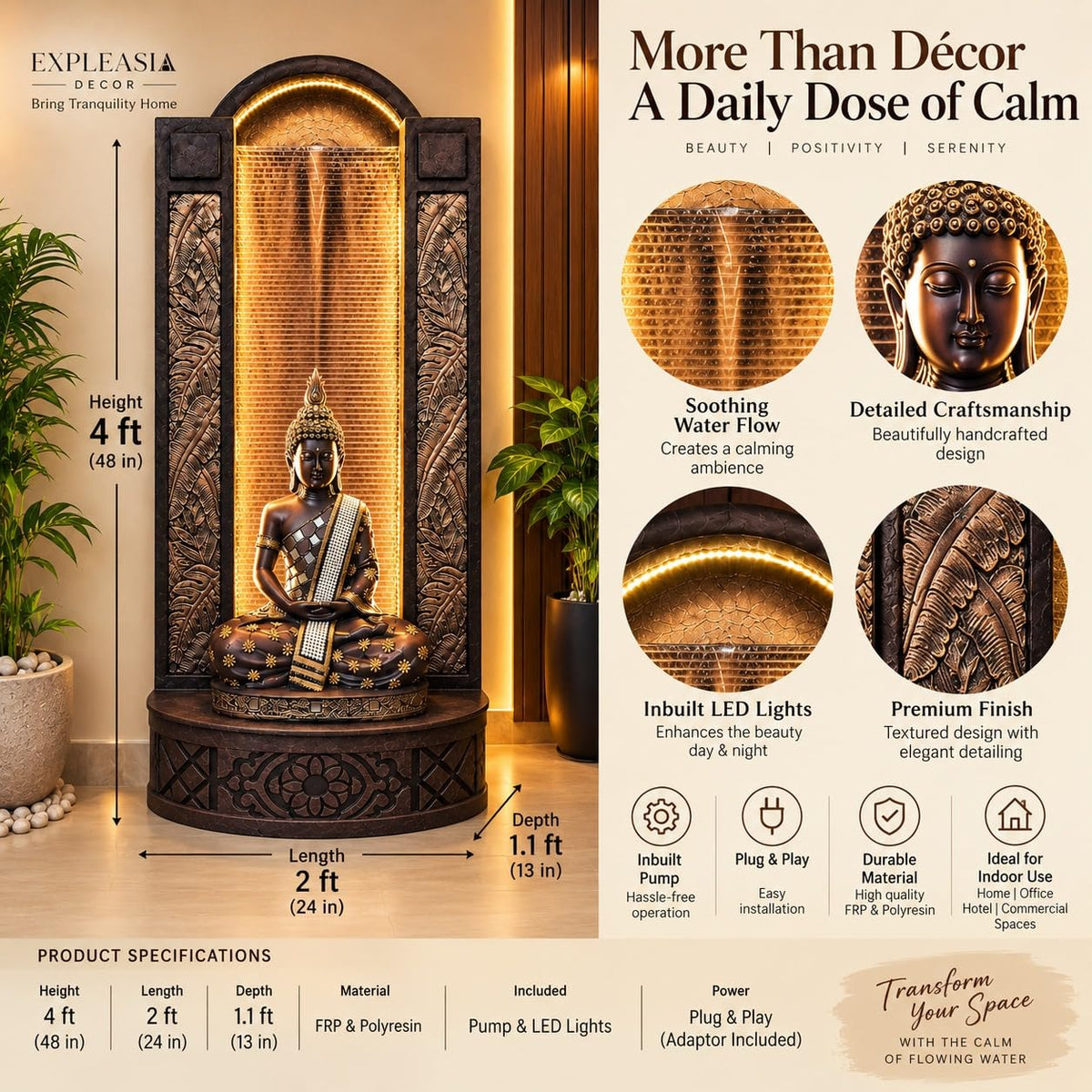 4ft Buddha Slate Water Fountain for Home | LED Lights | Indoor & Covered Outdoor Décor