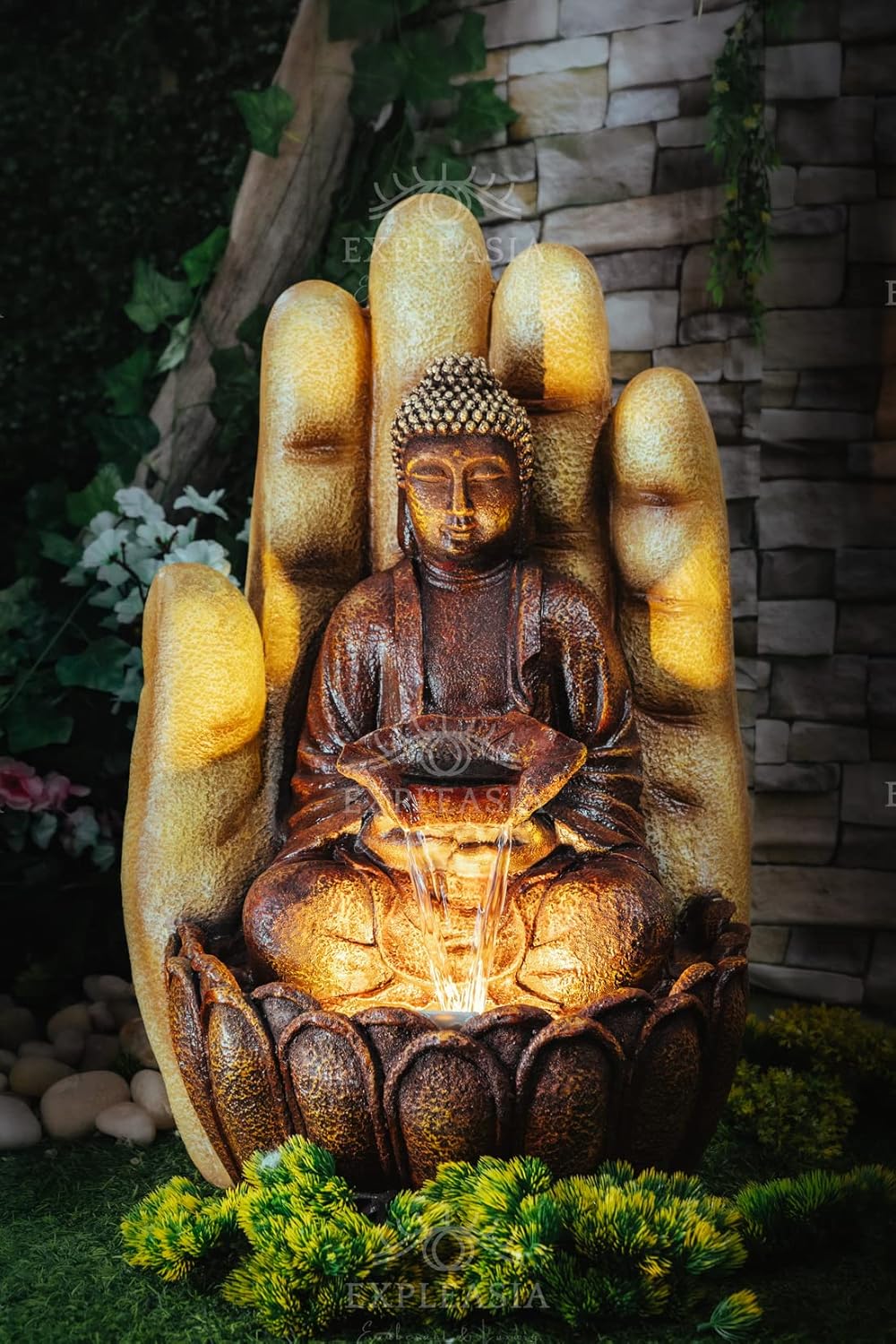 Embossed Palm Buddha Water Fountain for Home, Indoor Water Fountain Big Size, Fountain for Home vastu, Buddha Fountain 3 feet