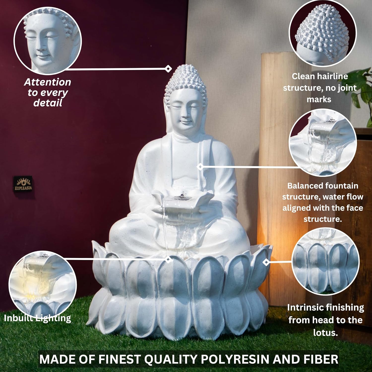 Double Lotus Buddha Water Fountain for Home, Office, Garden water fountain for home decor with warranty on electrical parts, Clear hariline, intricate finishing