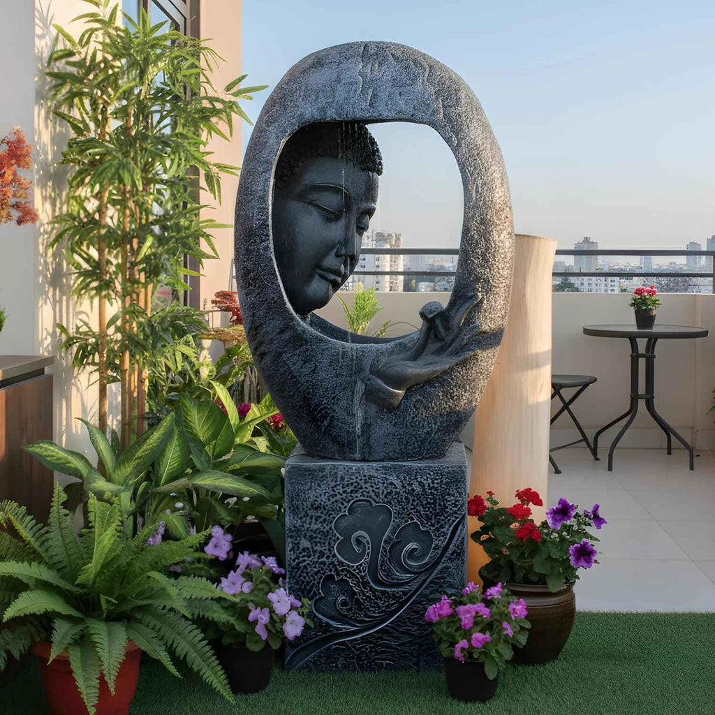Buddha Face Shower Water Fountain with Stand – Dark Grey (4ft)