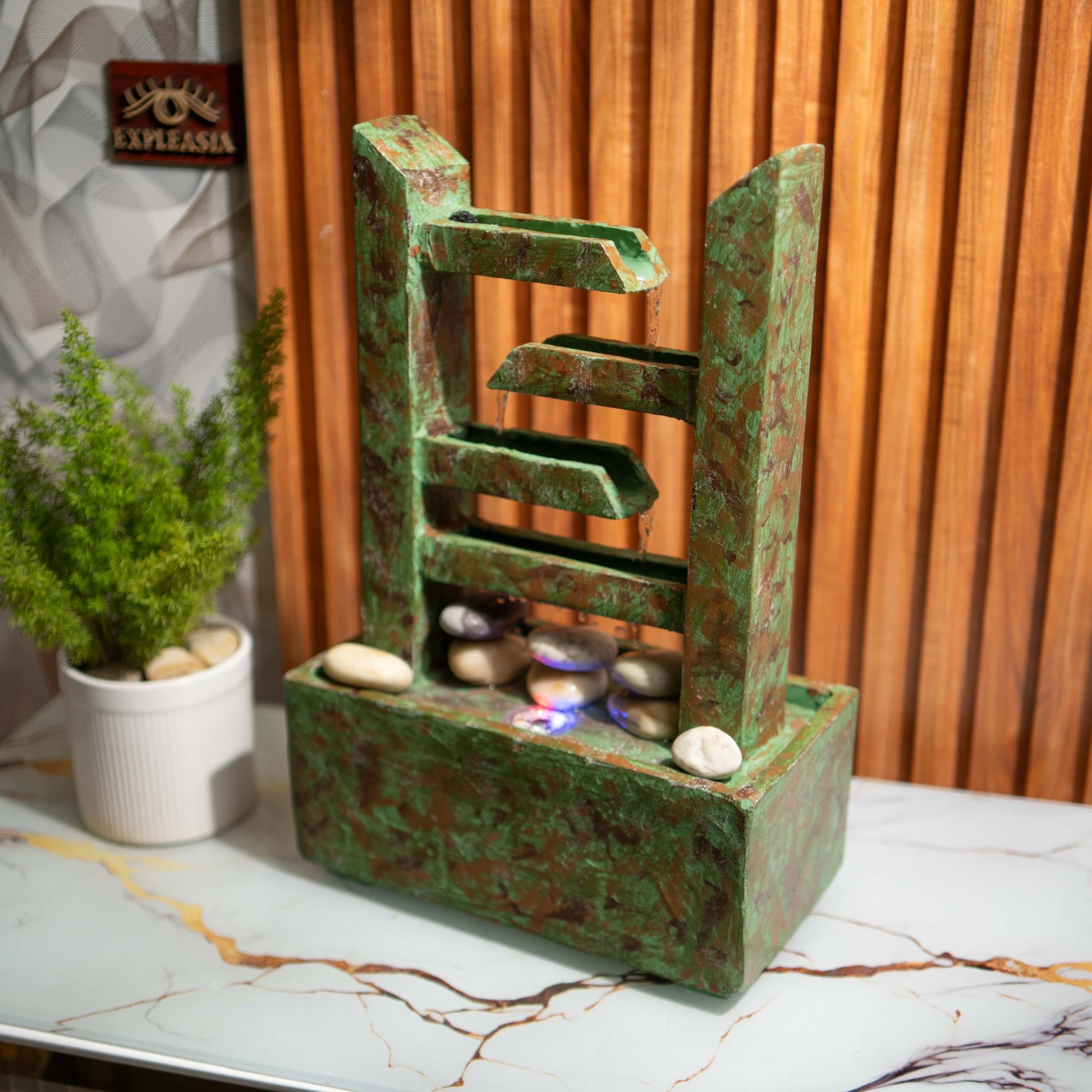 Zigzag Modern Zen Cascading Indoor Tabletop Water Fountain with Light Natural Slate Stone River Rock for Table Desk-Top Home Office Bedroom House Living Room