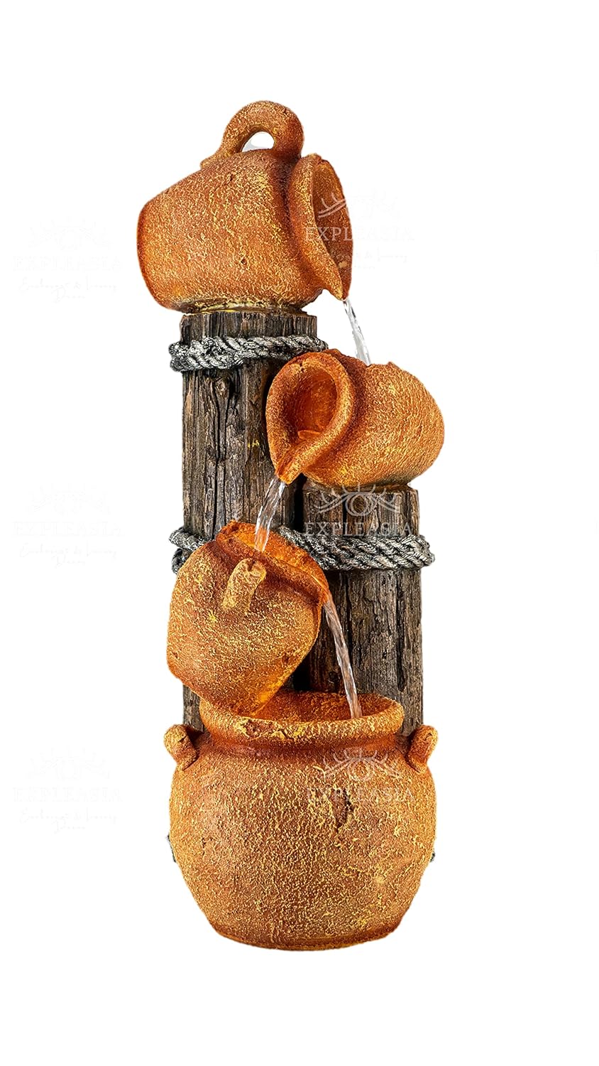 Wood Stacked Natural Earthen Pot Water Fountain | Home & Garden Decor Water Fountain, Orange & Brown