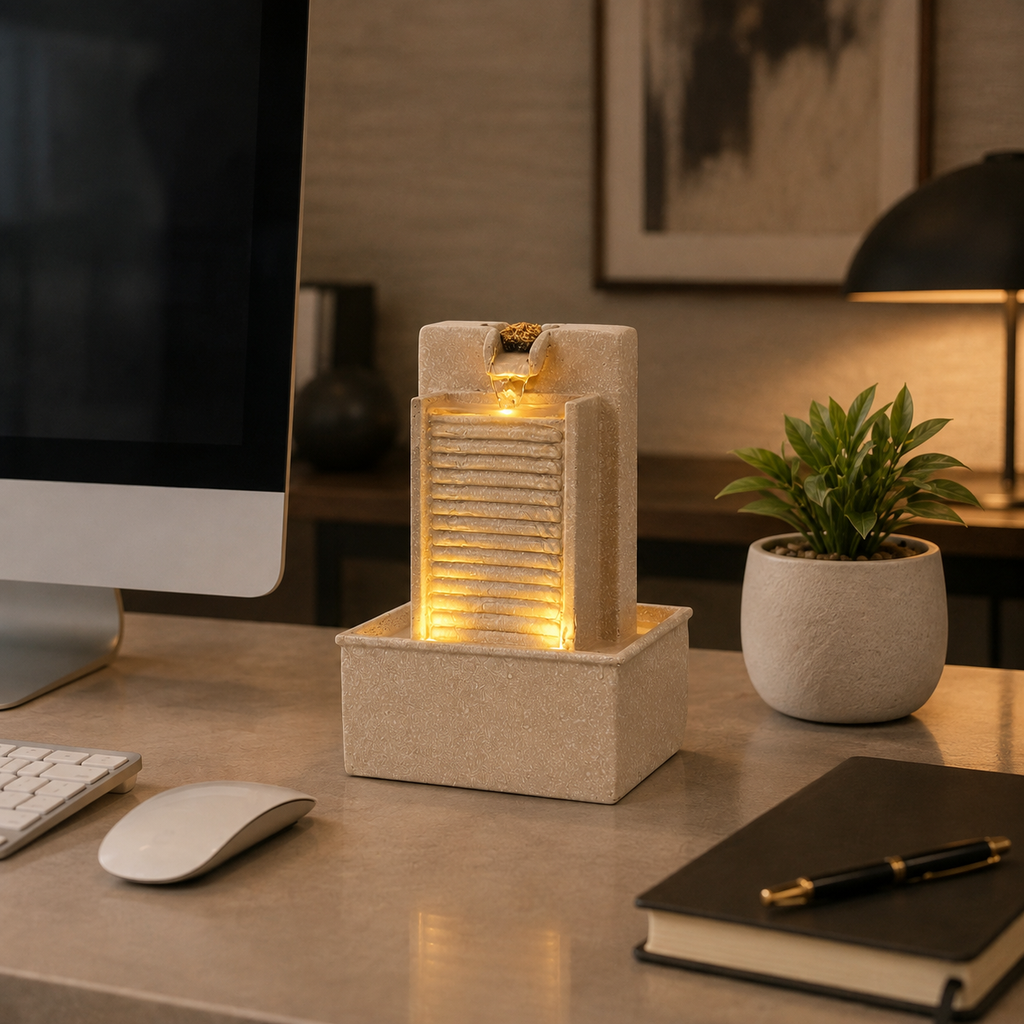 7 Inch Mini Tabletop Water Fountain with Warm LED Lights | Indoor Waterfall Fountain for Home
