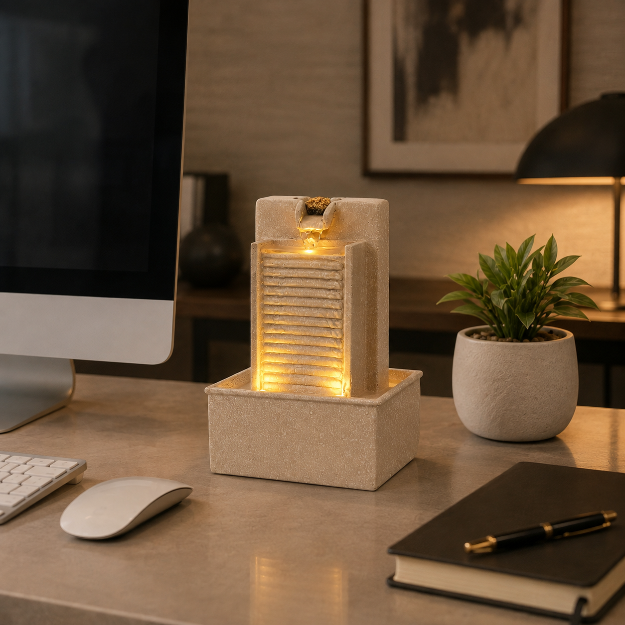 7 Inch Mini Tabletop Water Fountain with Warm LED Lights | Indoor Waterfall Fountain for Home