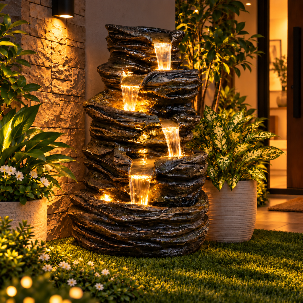 5 Tier Rock Water Fountain for Home & Covered Garden | EXPLEASIA
