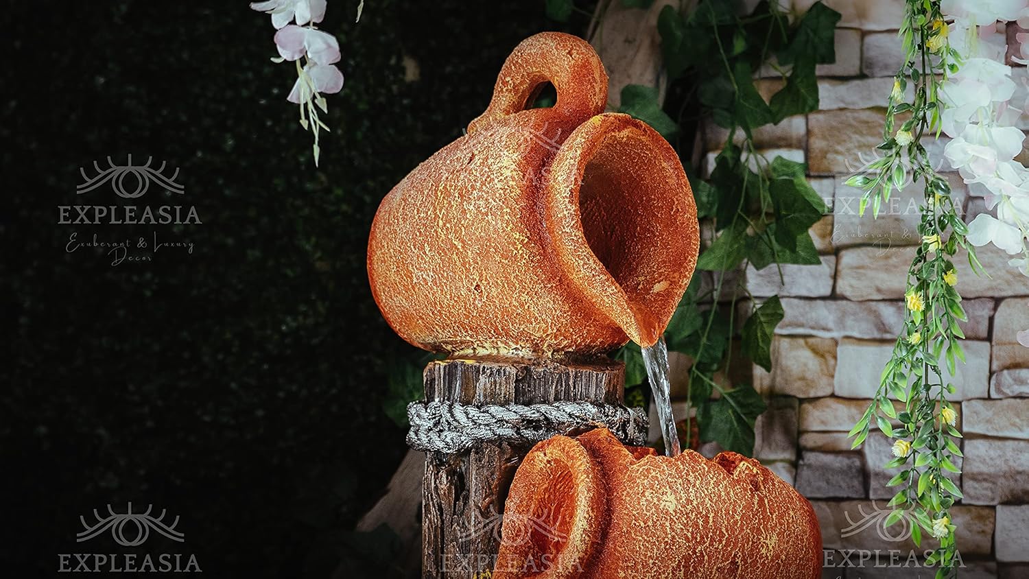Wood Stacked Natural Earthen Pot Water Fountain | Home & Garden Decor Water Fountain, Orange & Brown