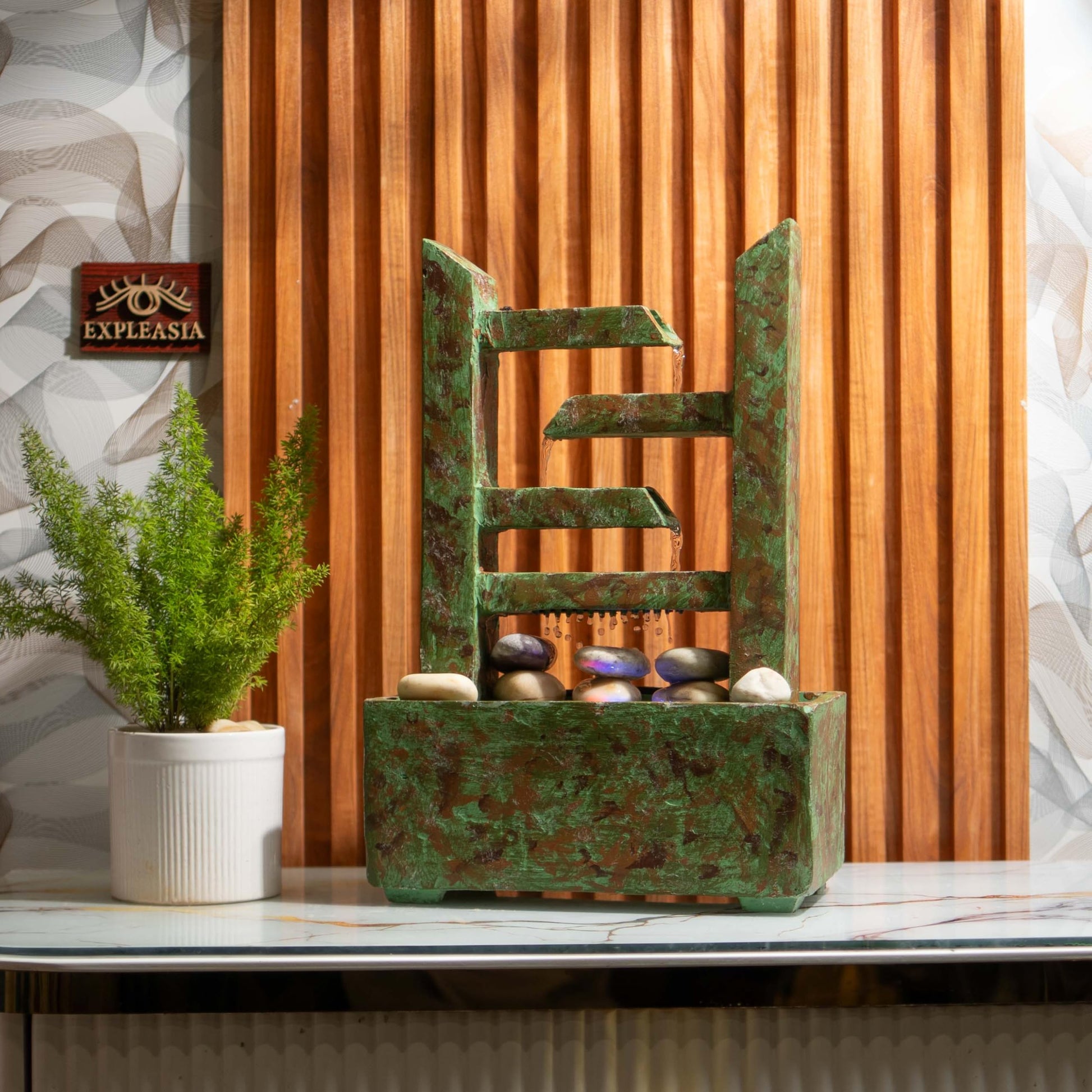 Zigzag Modern Zen Cascading Indoor Tabletop Water Fountain with Light Natural Slate Stone River Rock for Table Desk-Top Home Office Bedroom House Living Room