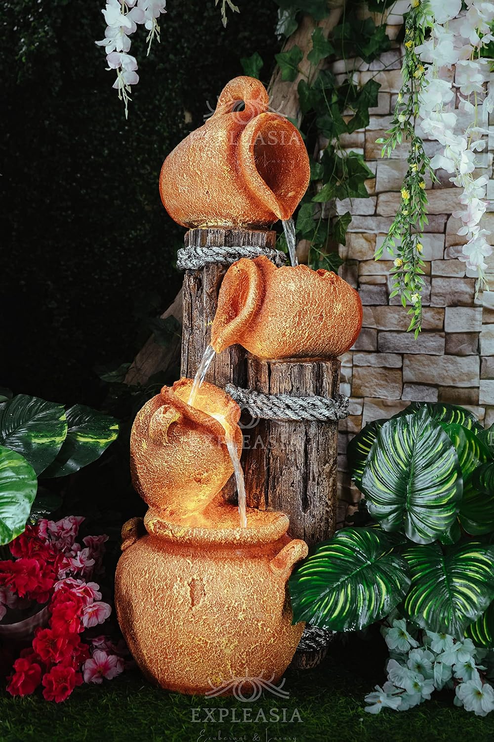 Wood Stacked Natural Earthen Pot Water Fountain | Home & Garden Decor Water Fountain, Orange & Brown