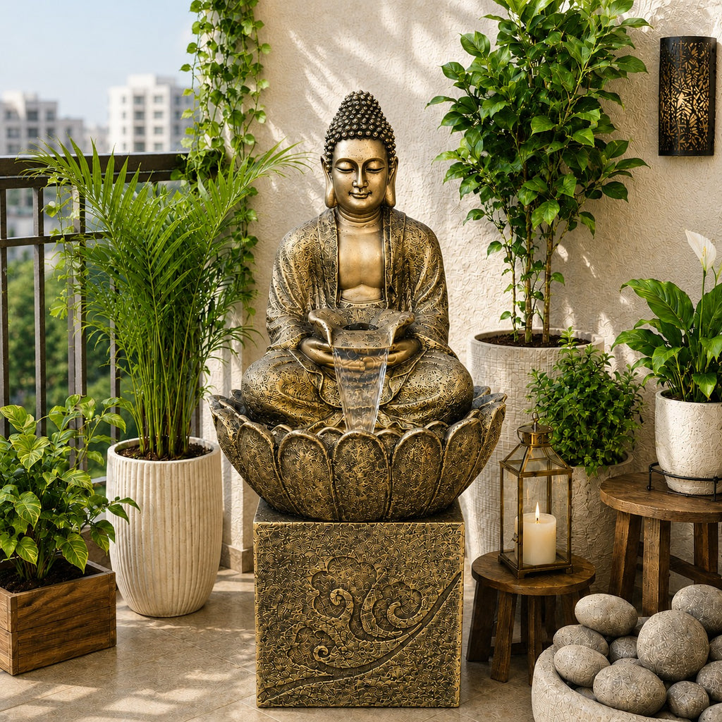 4.5 ft Buddha Lotus Water Fountain with 1.5ft Stand – 4.5ft Floor Standing Fountain for Home, Living Room & Garden