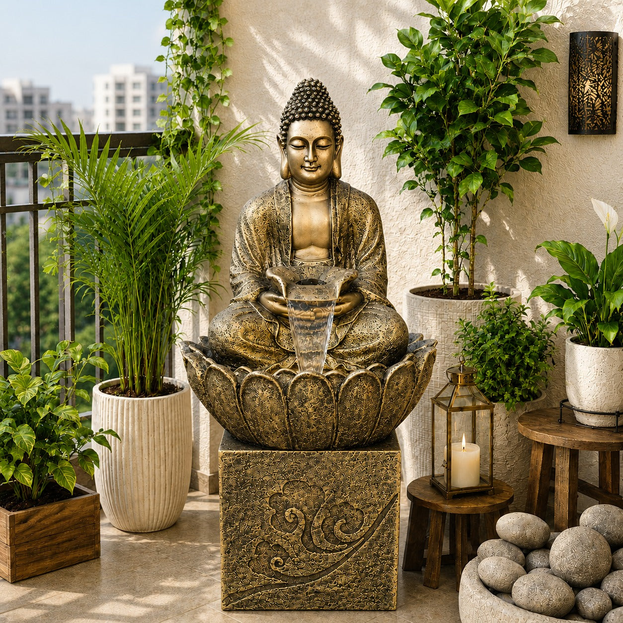 4.5 ft Buddha Lotus Water Fountain with 1.5ft Stand – 4.5ft Floor Standing Fountain for Home, Living Room & Garden