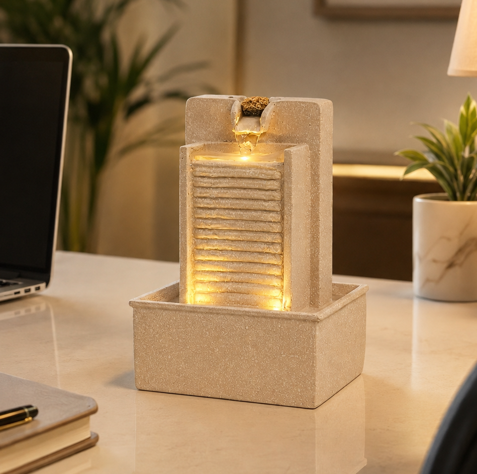 7 Inch Mini Tabletop Water Fountain with Warm LED Lights | Indoor Waterfall Fountain for Home