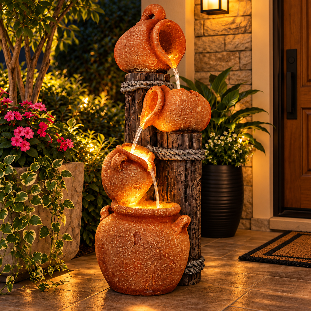 Wood Stacked Earthen Pot Fountain - Elegant Orange & Brown Garden Decor