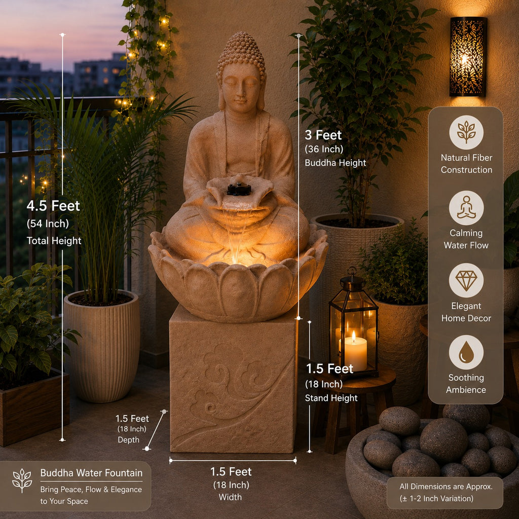 4.5 ft Buddha Lotus Water Fountain with 1.5ft Stand – 4.5ft Floor Standing Fountain for Home, Living Room & Garden