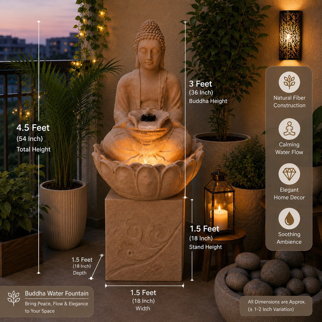 4.5 ft Buddha Lotus Water Fountain with 1.5ft Stand – 4.5ft Floor Standing Fountain for Home, Living Room & Garden