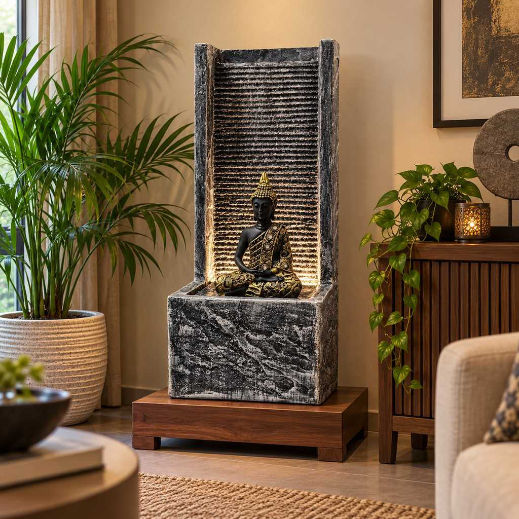 2 feet Buddha Waterfall Fountain for Home – LED Indoor Water Fountain with Buddha Idol | Plug & Play